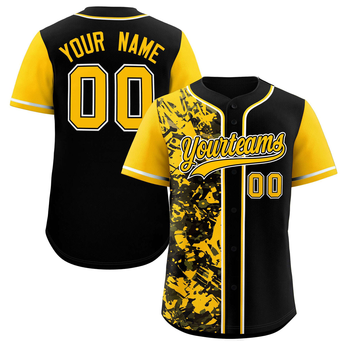 Custom Black Yellow Split Personalized Graffiti Raglan Sleeve Authentic Baseball Jersey