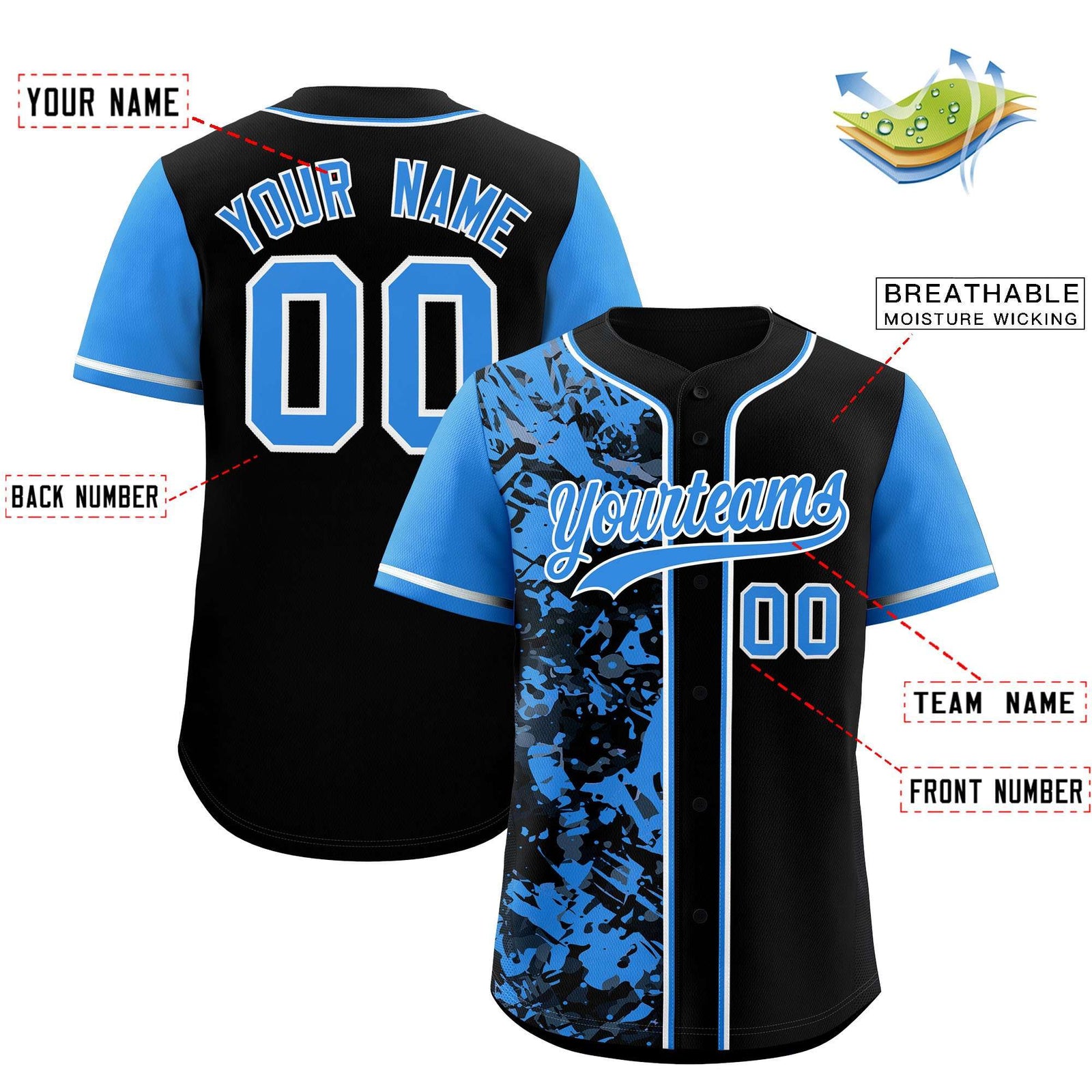 Custom Black Blue Split Personalized Graffiti Raglan Sleeve Authentic Baseball Jersey