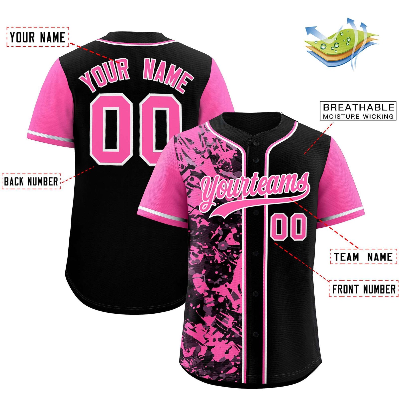Custom Black Pink Split Personalized Graffiti Raglan Sleeve Authentic Baseball Jersey