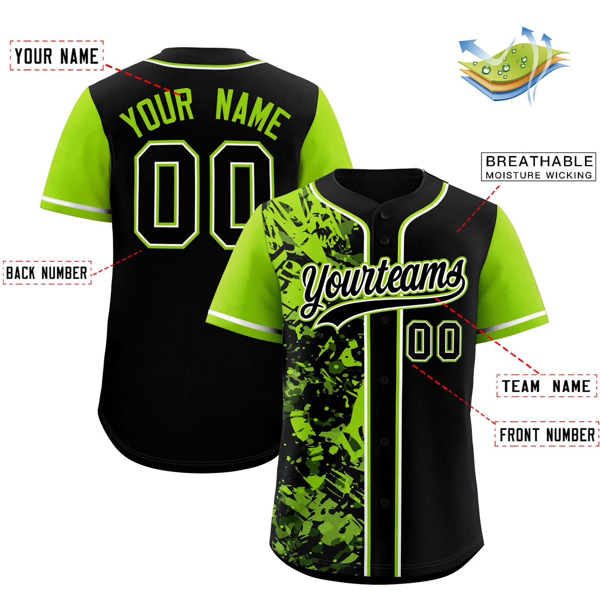 Custom Black Neon Green Split Personalized Graffiti Raglan Sleeve Authentic Baseball Jersey