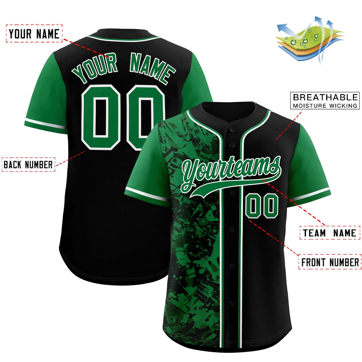 Custom Black Green Split Personalized Graffiti Raglan Sleeve Authentic Baseball Jersey