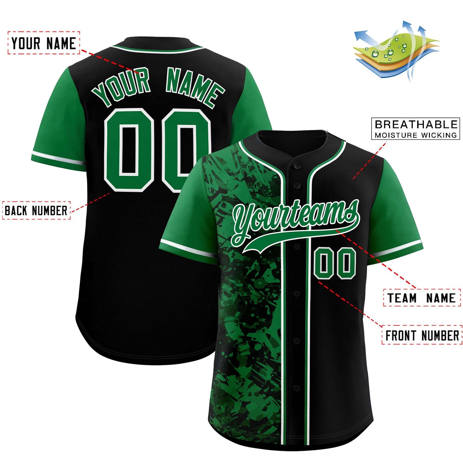Custom Black Green Split Personalized Graffiti Raglan Sleeve Authentic Baseball Jersey