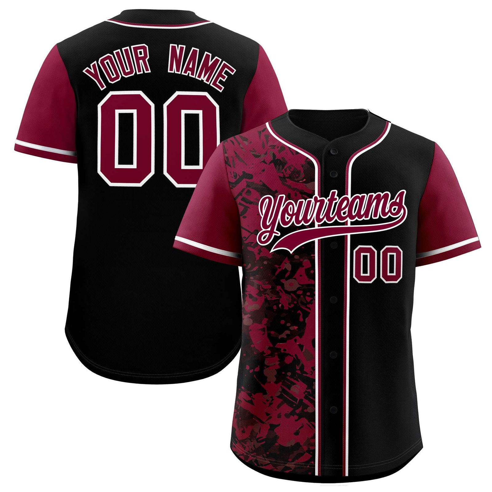 Custom Black Crimson Split Personalized Graffiti Raglan Sleeve Authentic Baseball Jersey