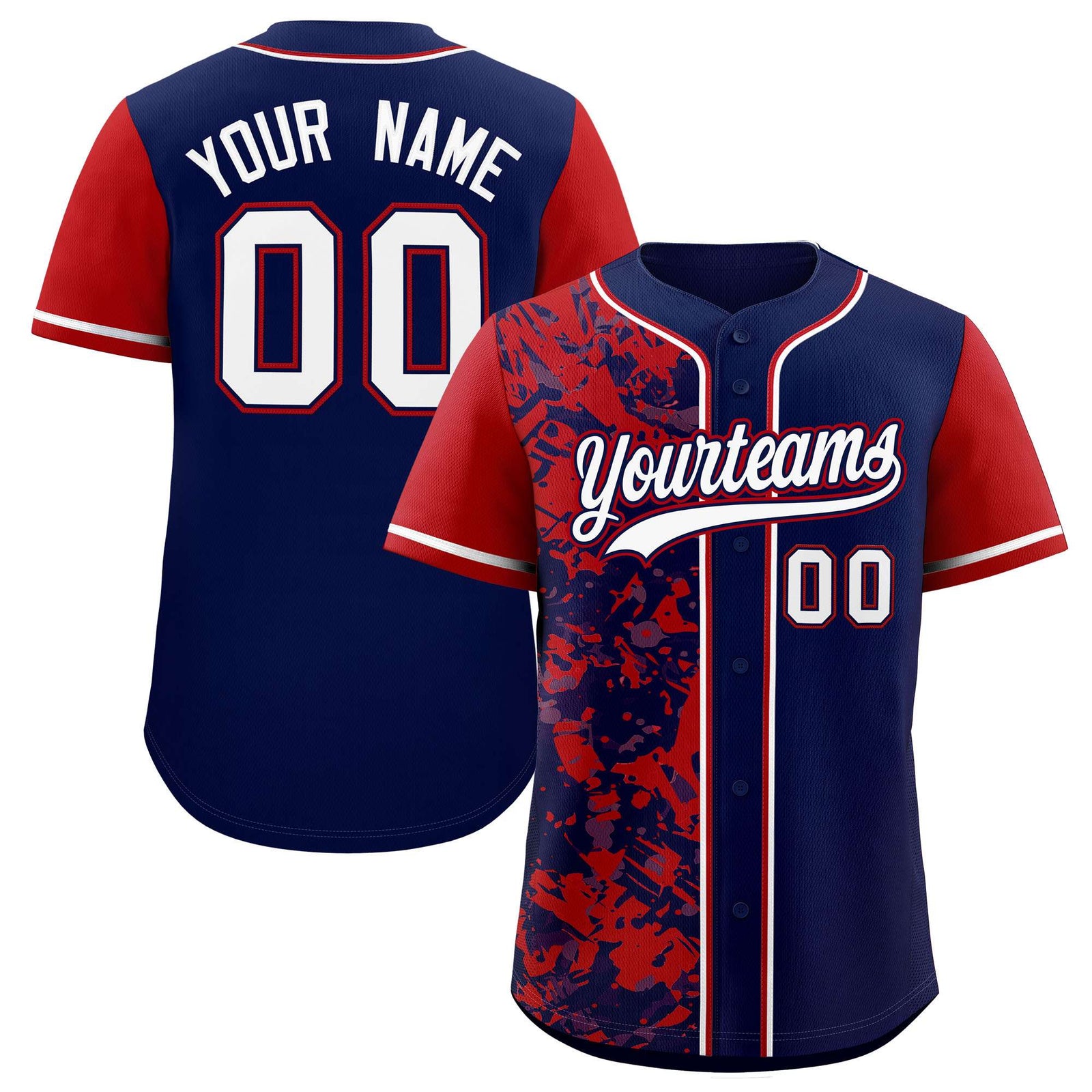 Custom Navy Red Split Personalized Graffiti Raglan Sleeve Authentic Baseball Jersey