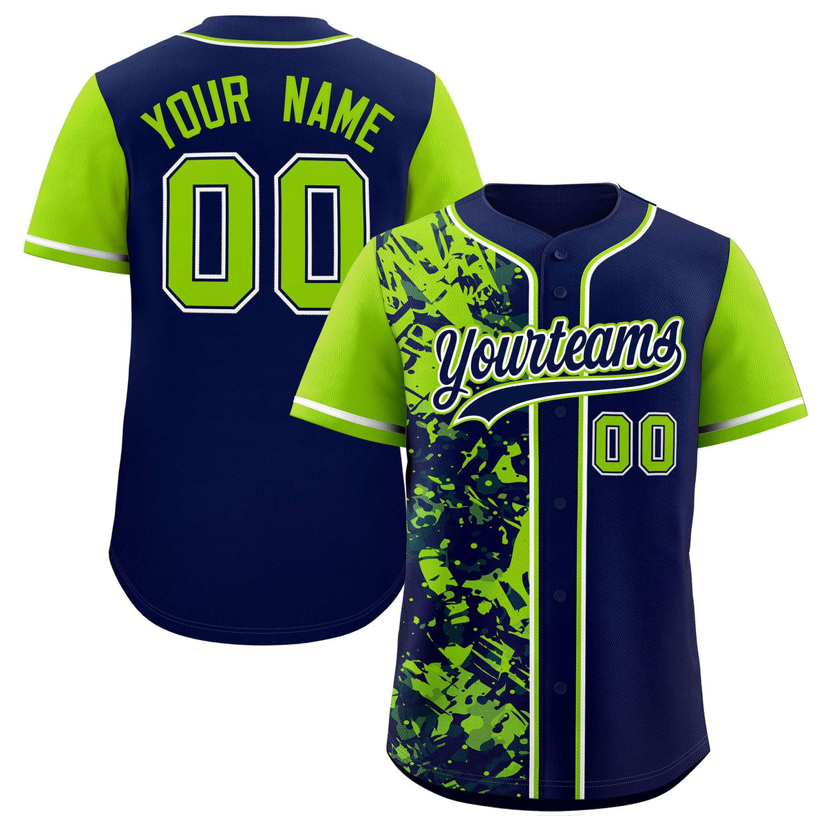 Custom Navy Neon Green Split Personalized Graffiti Raglan Sleeve Authentic Baseball Jersey