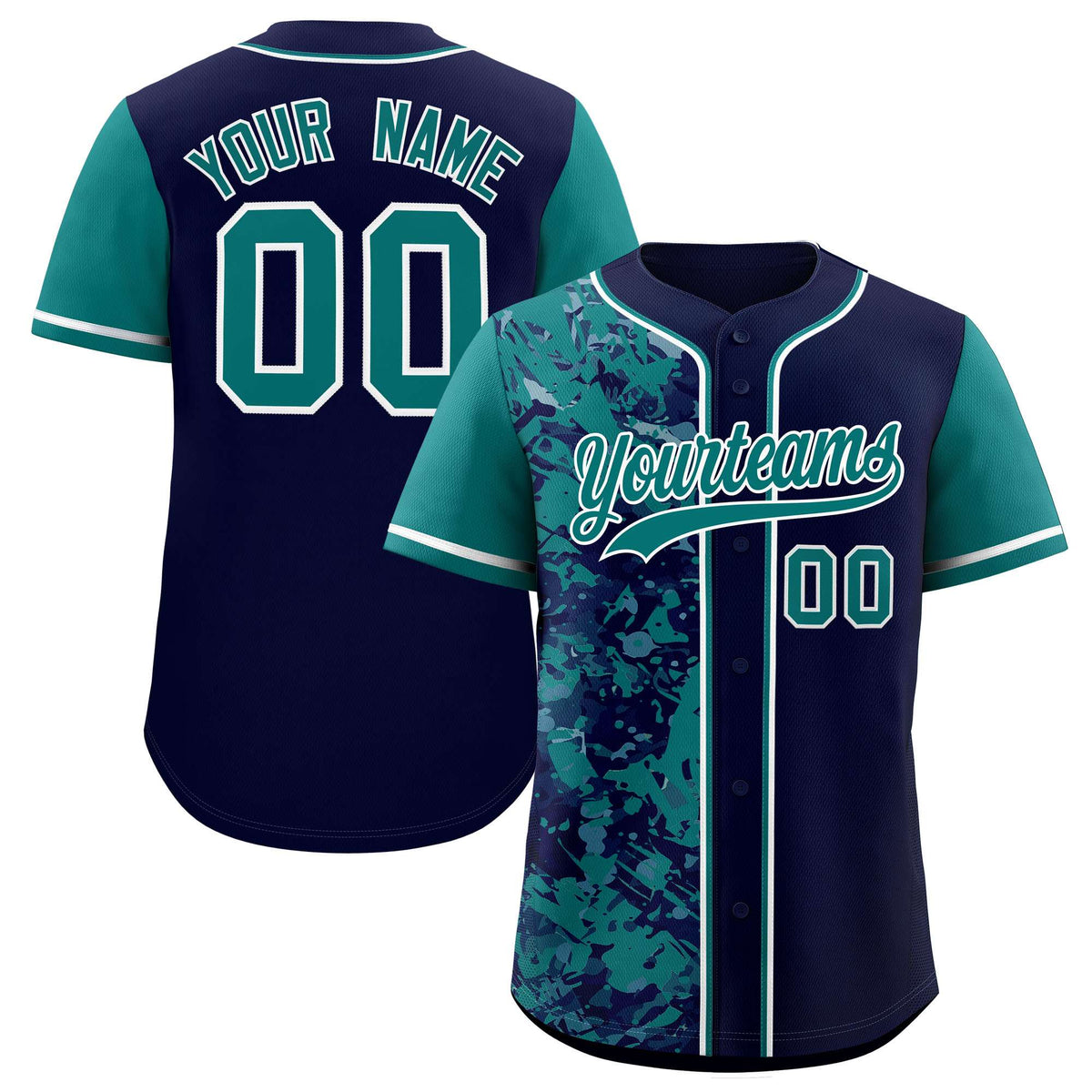 Custom Navy Aqua Split Personalized Graffiti Raglan Sleeve Authentic Baseball Jersey