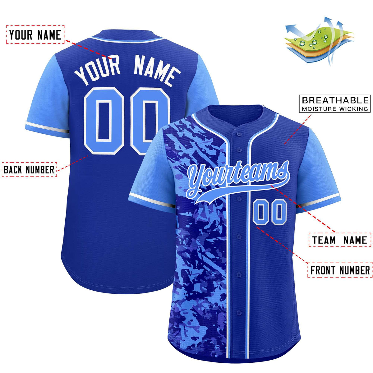 Custom Royal Blue Split Personalized Graffiti Raglan Sleeve Authentic Baseball Jersey
