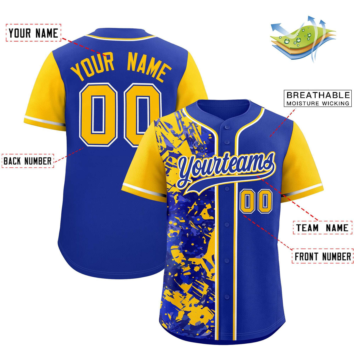 Custom Royal Yellow Split Personalized Graffiti Raglan Sleeve Authentic Baseball Jersey