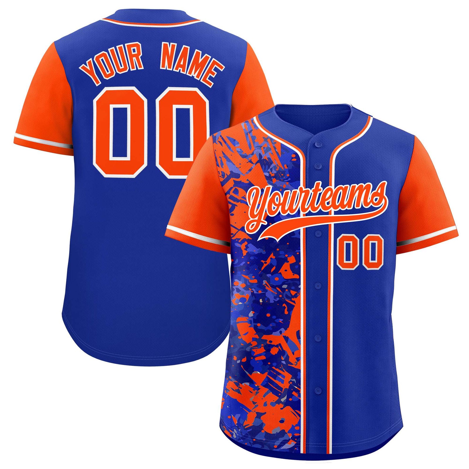 Custom Royal Orange Split Personalized Graffiti Raglan Sleeve Authentic Baseball Jersey