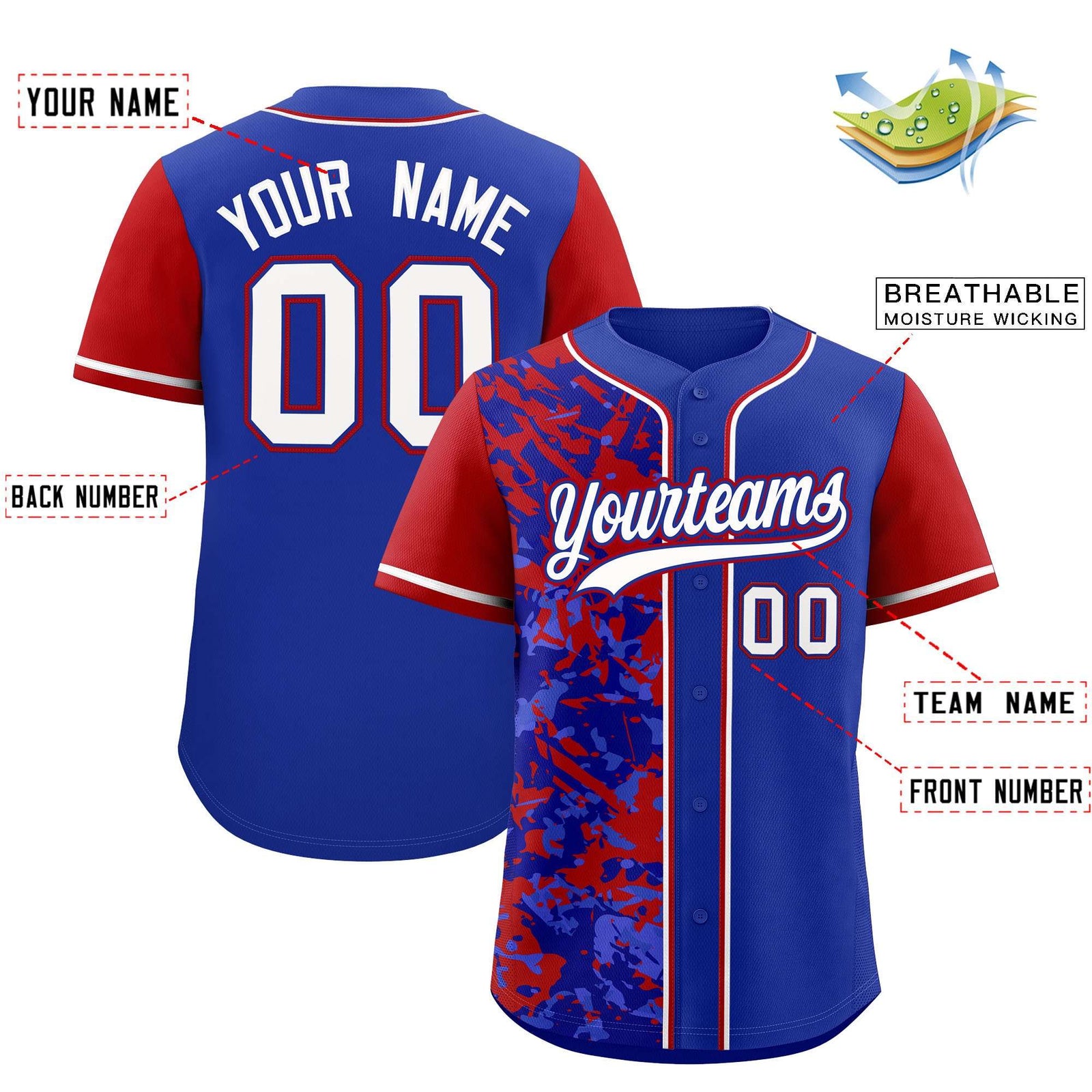 Custom Royal Red Split Personalized Graffiti Raglan Sleeve Authentic Baseball Jersey