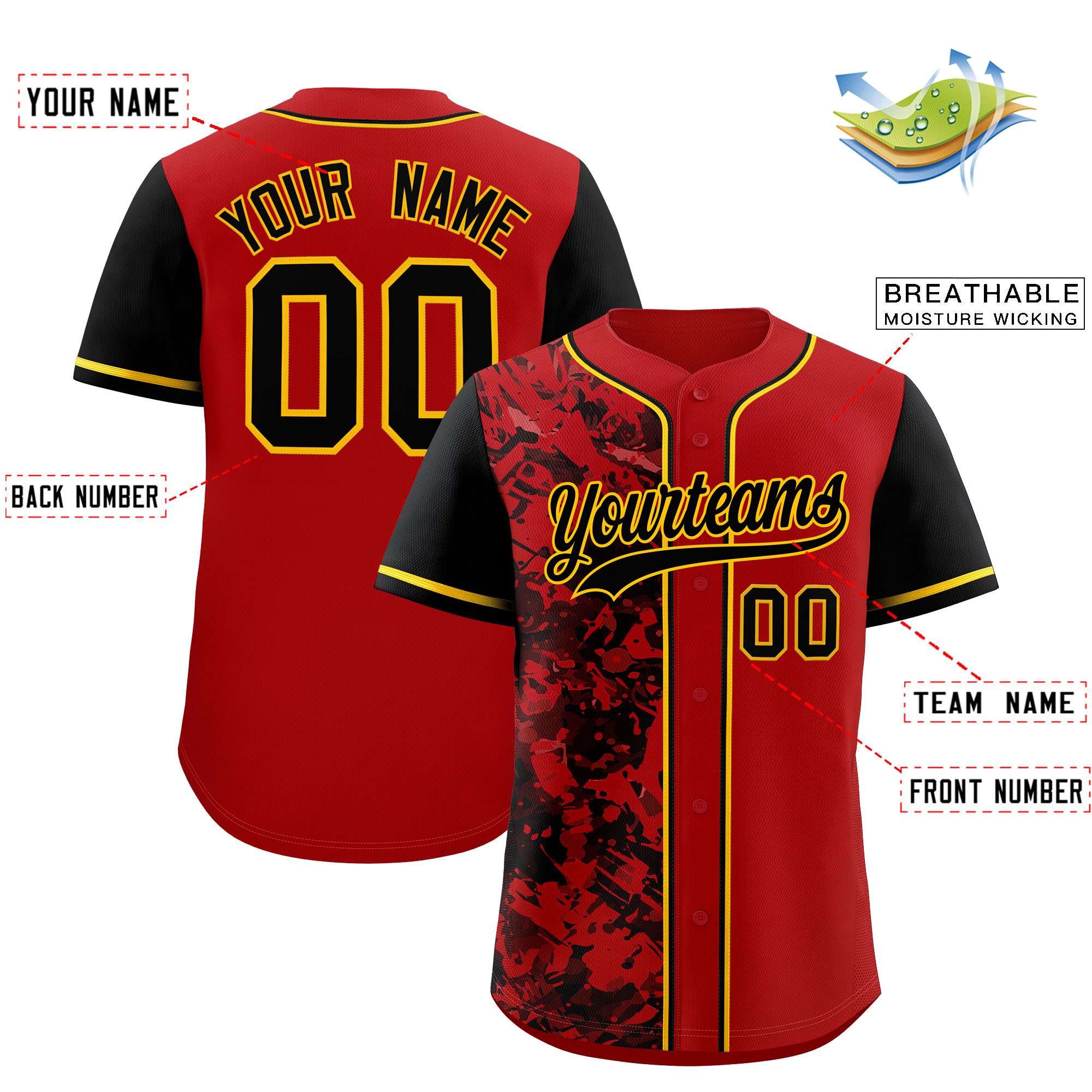 Custom Red Black Split Personalized Graffiti Raglan Sleeve Authentic Baseball Jersey