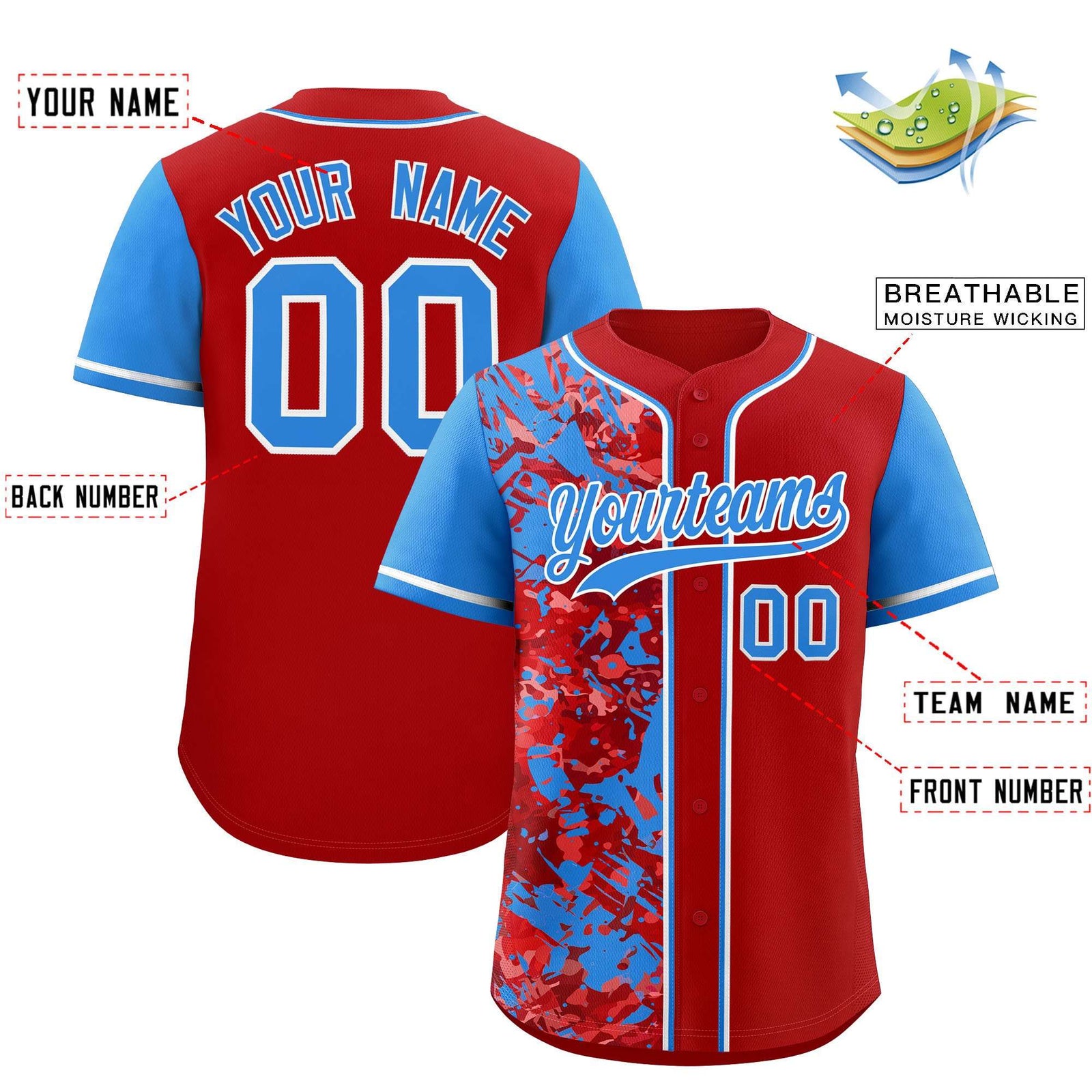 Custom Red Blue Split Personalized Graffiti Raglan Sleeve Authentic Baseball Jersey
