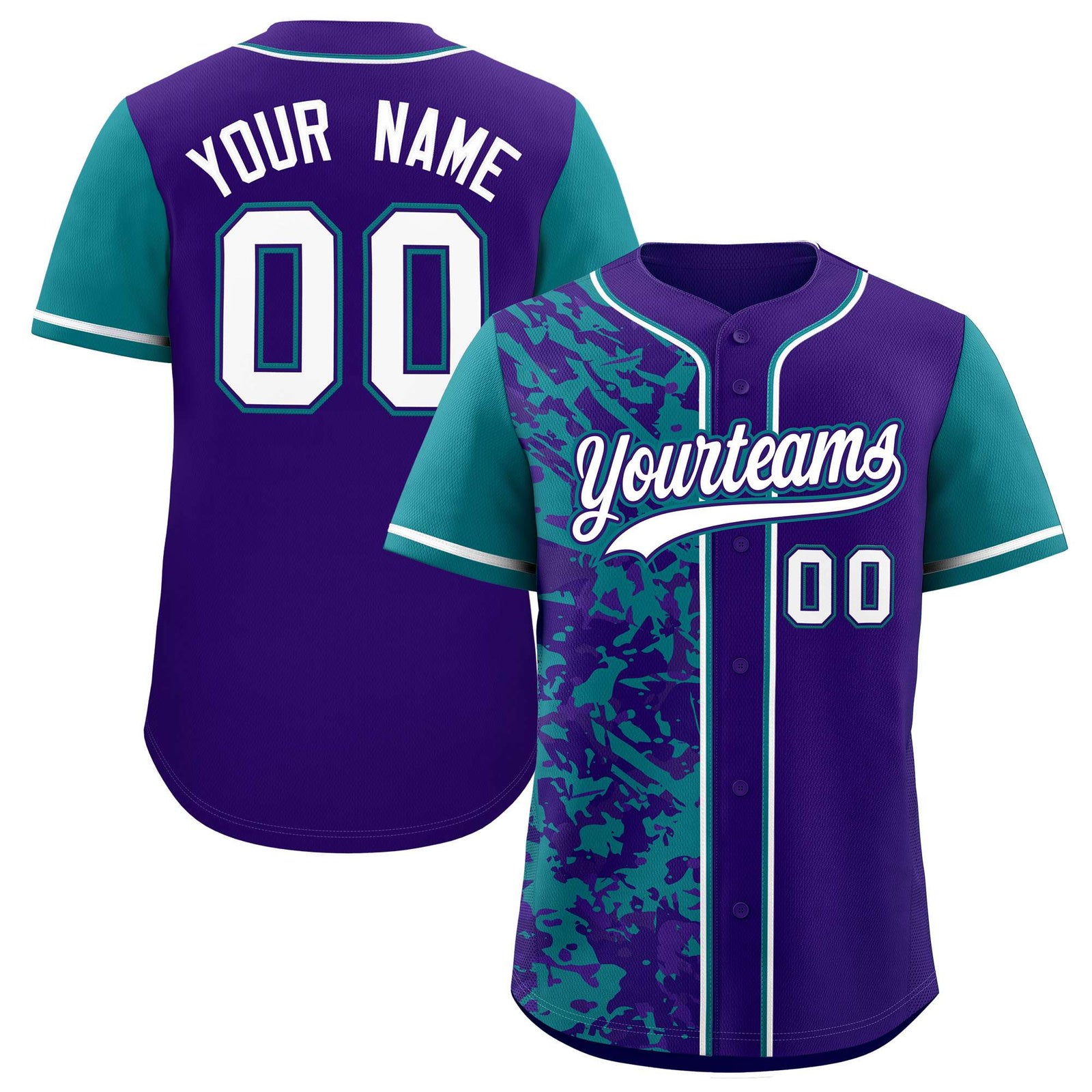 Custom Purple Teal Split Personalized Graffiti Raglan Sleeve Authentic Baseball Jersey