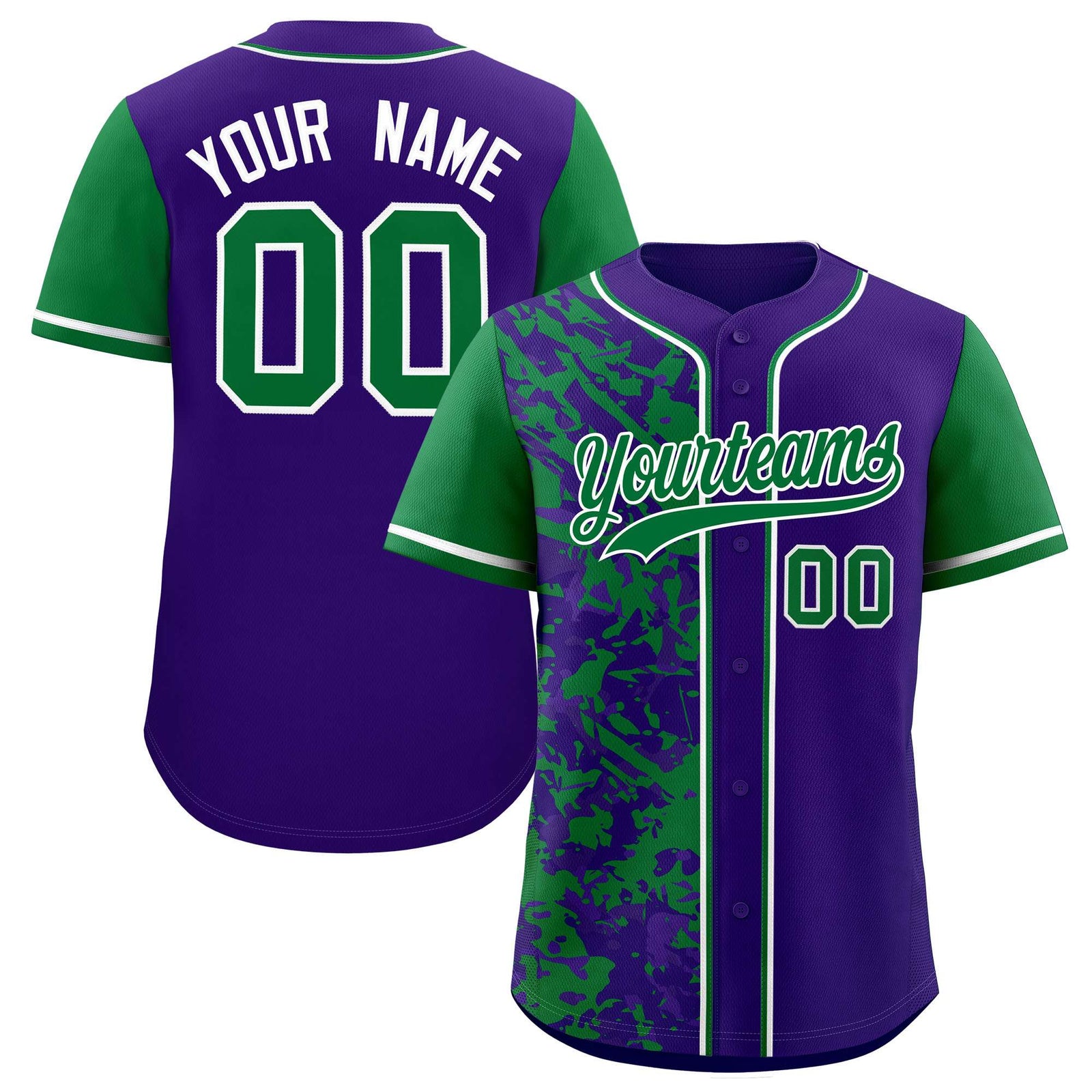 Custom Purple Green Split Personalized Graffiti Raglan Sleeve Authentic Baseball Jersey