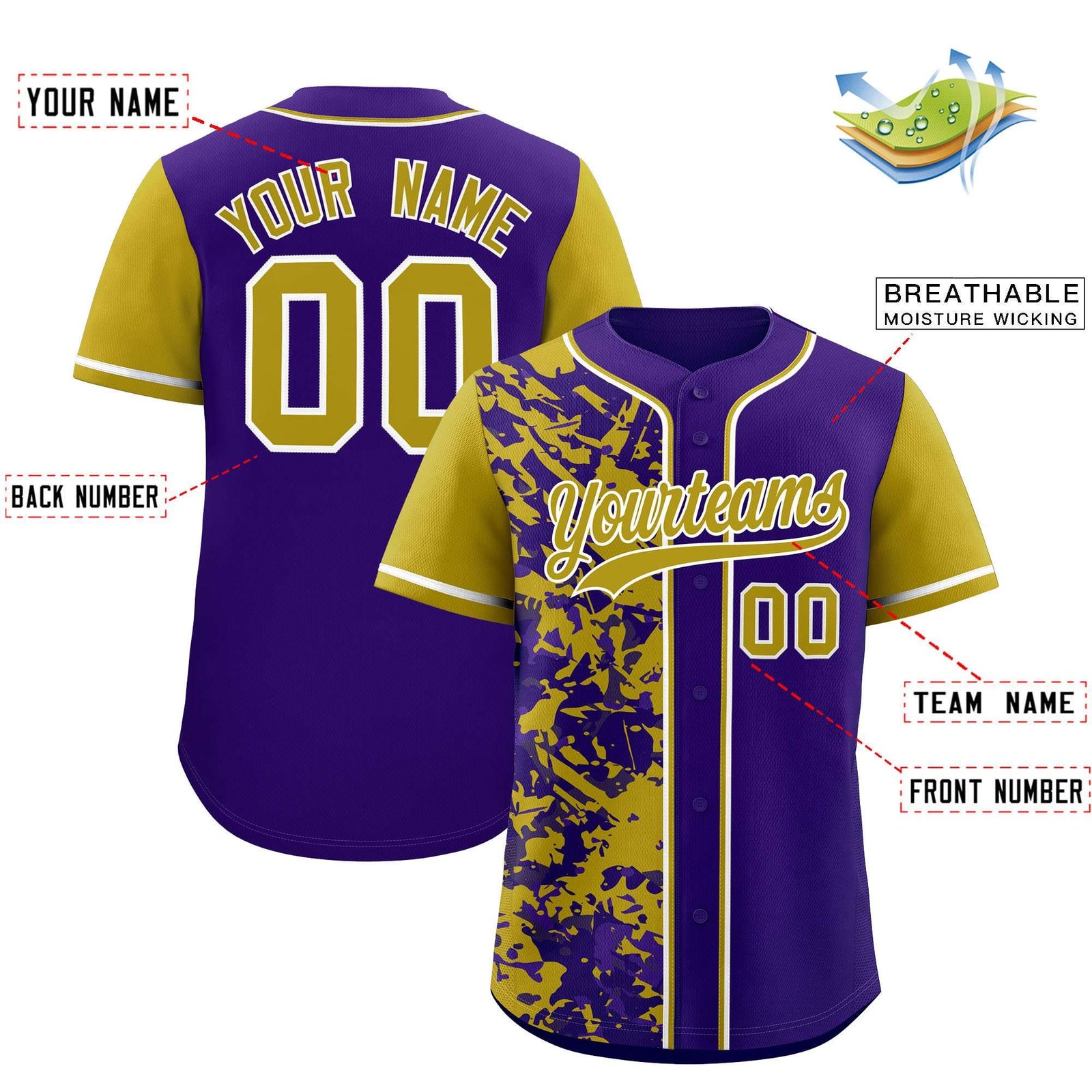 Custom Purple Old Gold Split Personalized Graffiti Raglan Sleeve Authentic Baseball Jersey