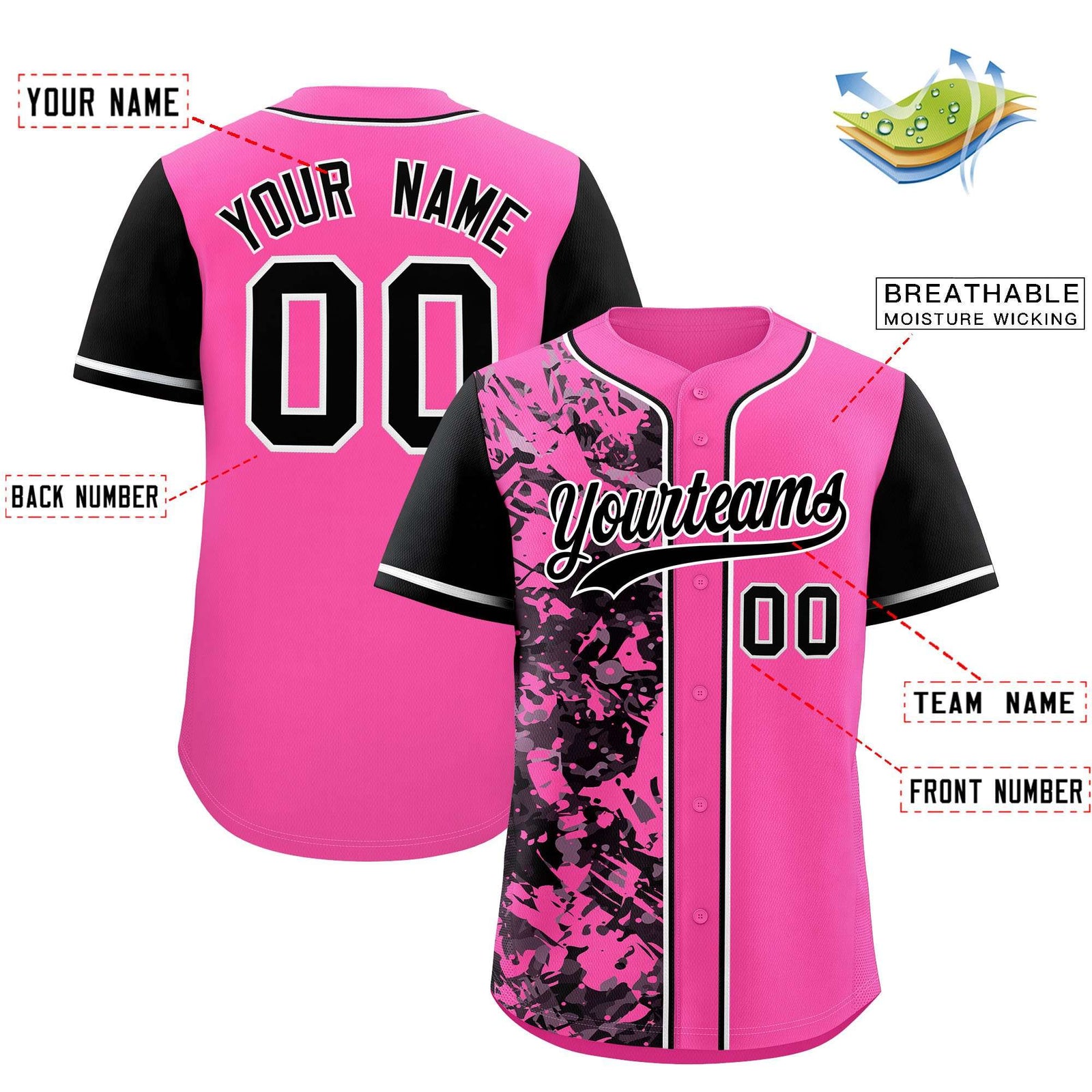 Custom Pink Black Split Personalized Graffiti Raglan Sleeve Authentic Baseball Jersey