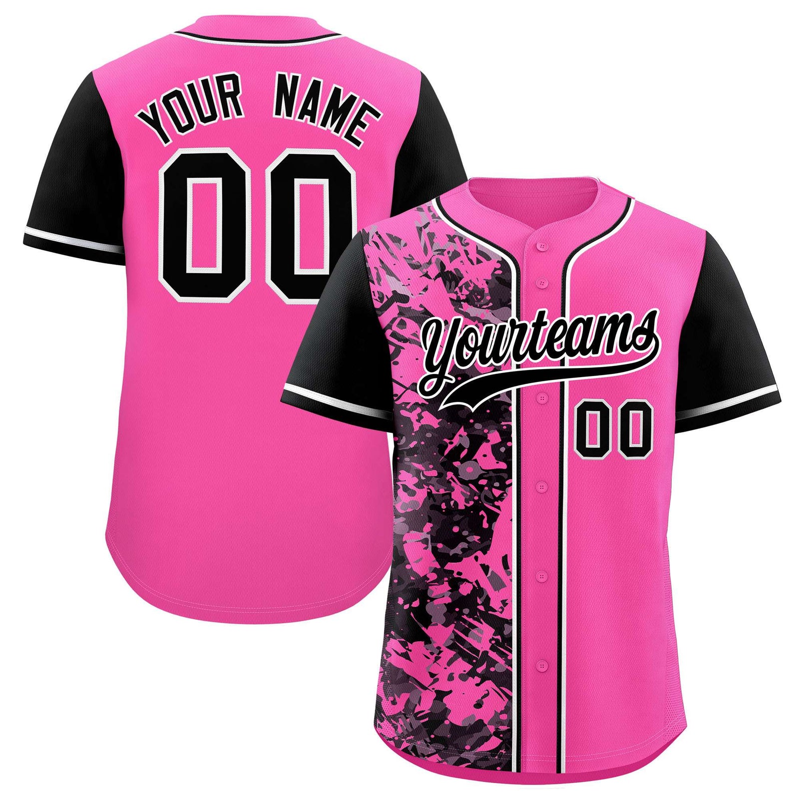 Custom Pink Black Split Personalized Graffiti Raglan Sleeve Authentic Baseball Jersey