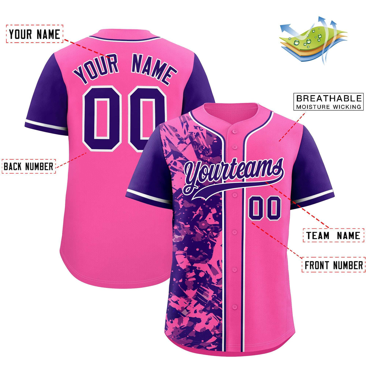 Custom Pink Purple Split Personalized Graffiti Raglan Sleeve Authentic Baseball Jersey