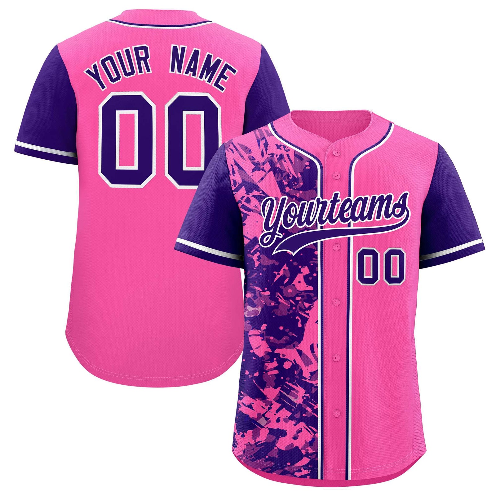 Custom Pink Purple Split Personalized Graffiti Raglan Sleeve Authentic Baseball Jersey