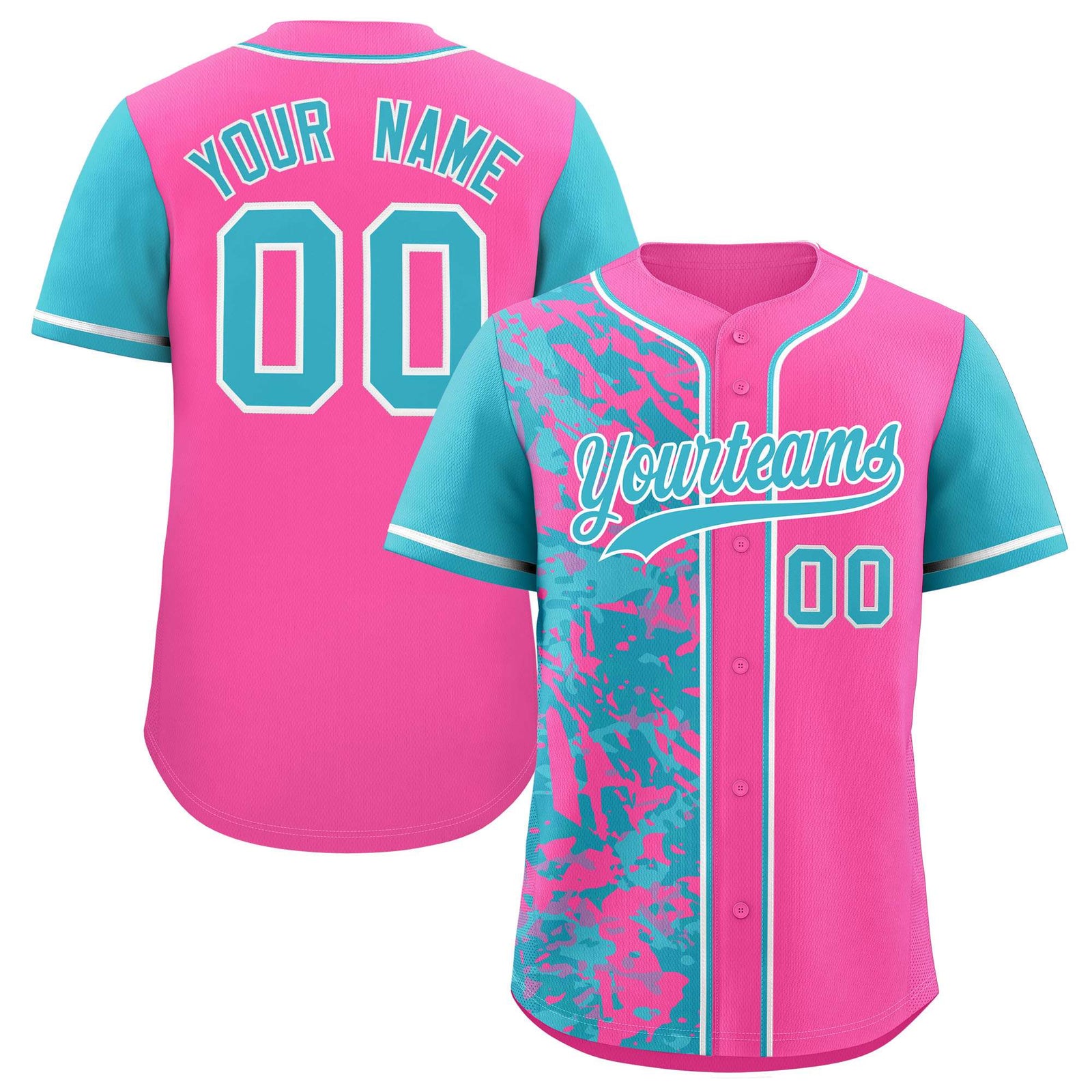 Custom Pink Sky Blue Split Personalized Graffiti Raglan Sleeve Authentic Baseball Jersey