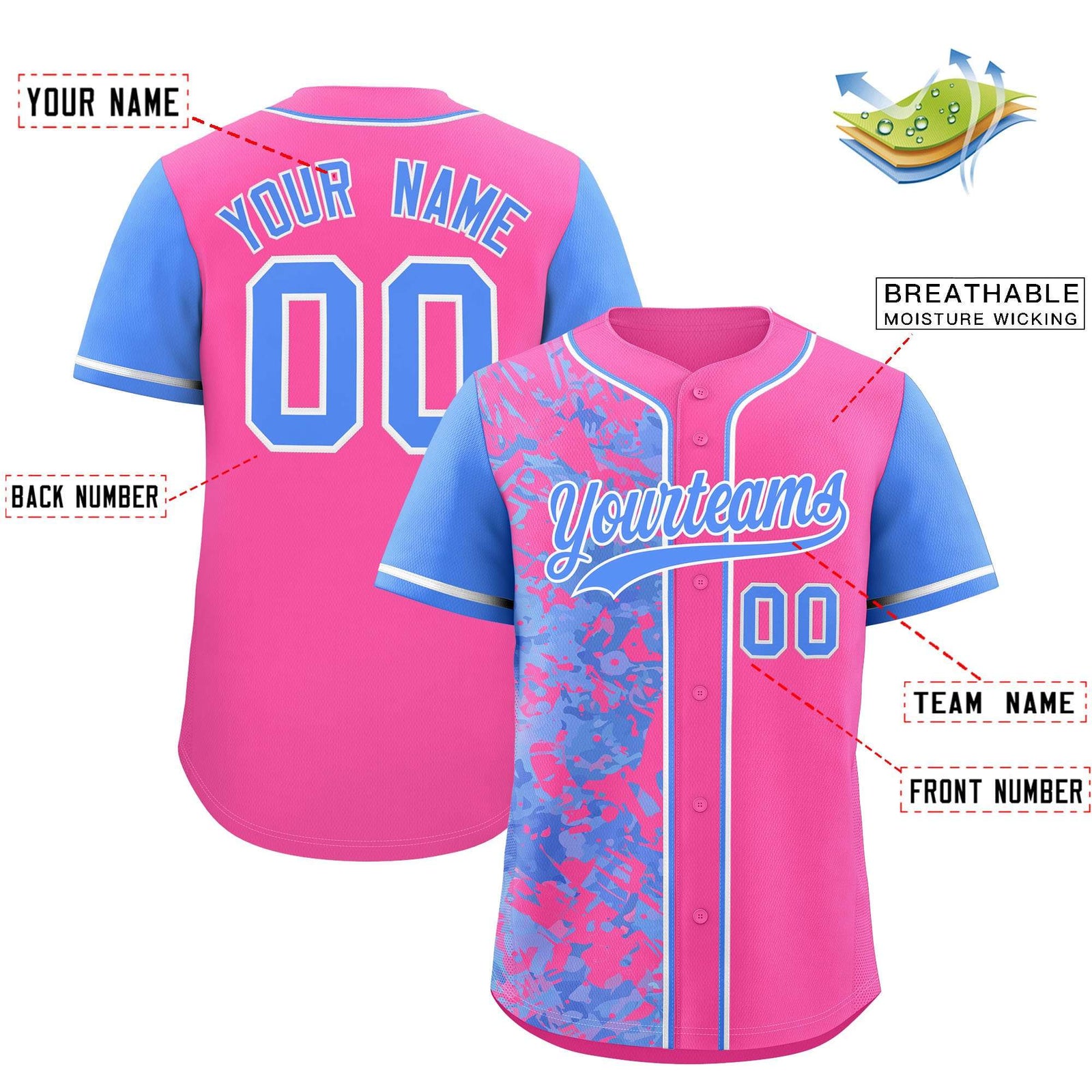 Custom Pink Powder Blue Split Personalized Graffiti Raglan Sleeve Authentic Baseball Jersey