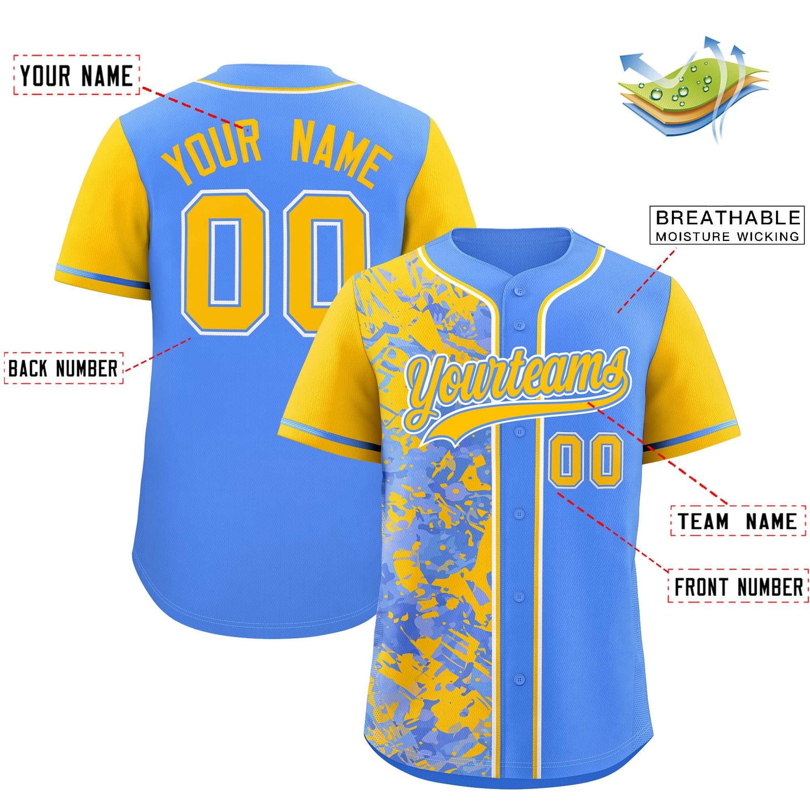 Custom Blue Yellow Split Personalized Graffiti Raglan Sleeve Authentic Baseball Jersey