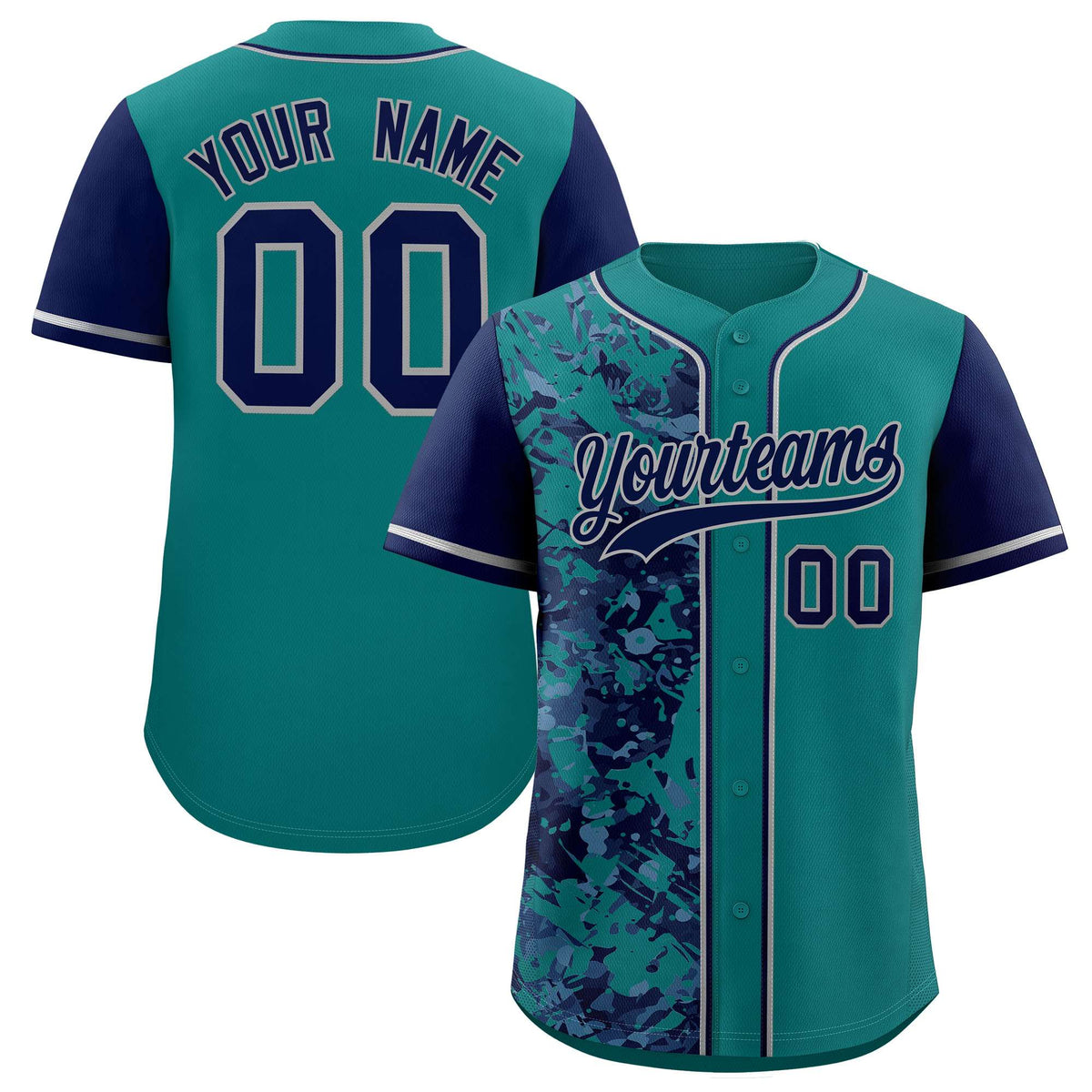 Custom Aqua Navy Split Personalized Graffiti Raglan Sleeve Authentic Baseball Jersey