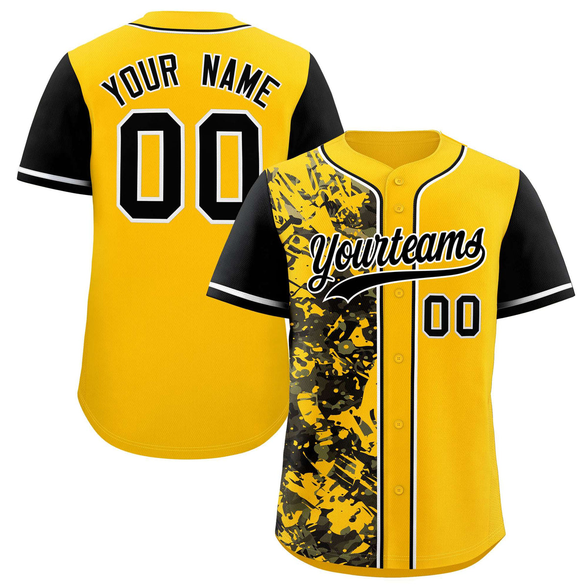 Custom Yellow Black Split Personalized Graffiti Raglan Sleeve Authentic Baseball Jersey
