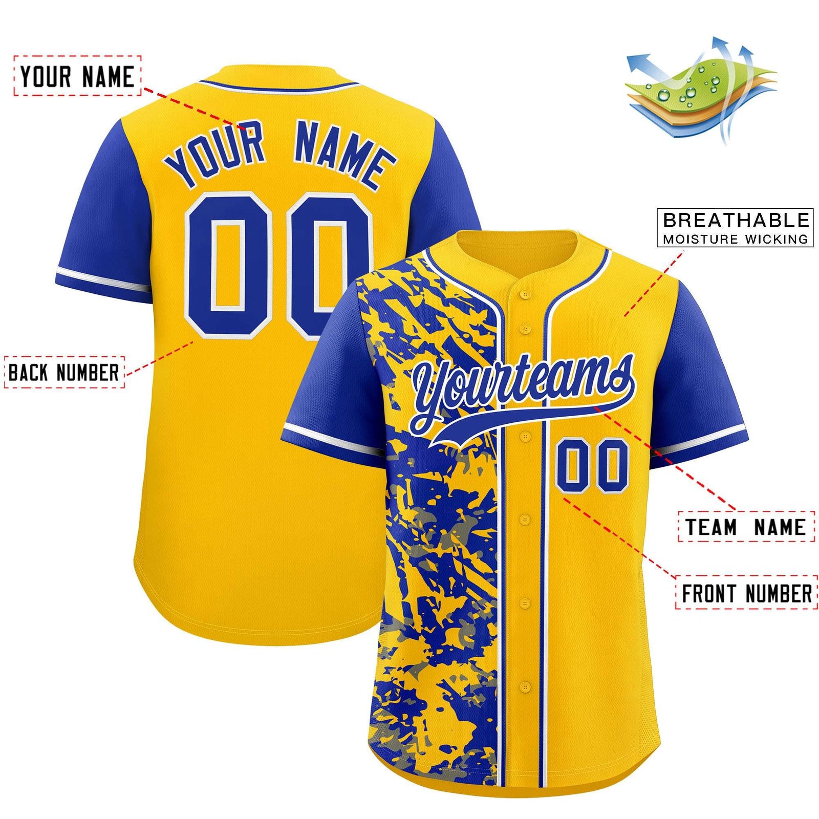 Custom Yellow Royal Split Personalized Graffiti Raglan Sleeve Authentic Baseball Jersey