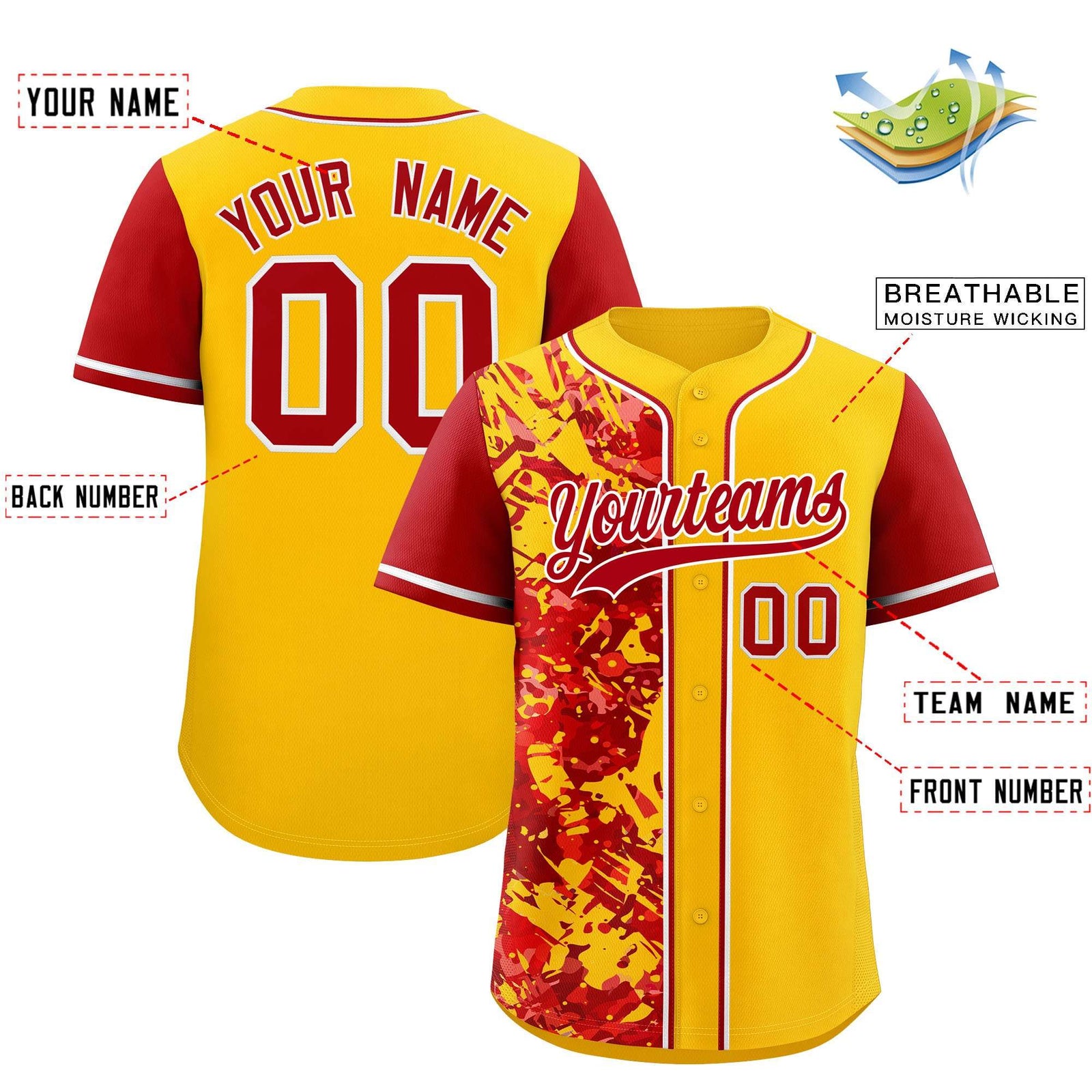 Custom Yellow Red Split Personalized Graffiti Raglan Sleeve Authentic Baseball Jersey