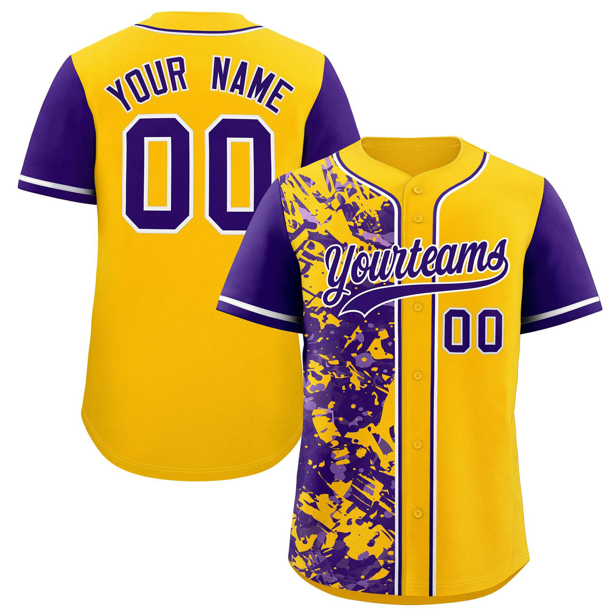 Custom Yellow Purple Split Personalized Graffiti Raglan Sleeve Authentic Baseball Jersey