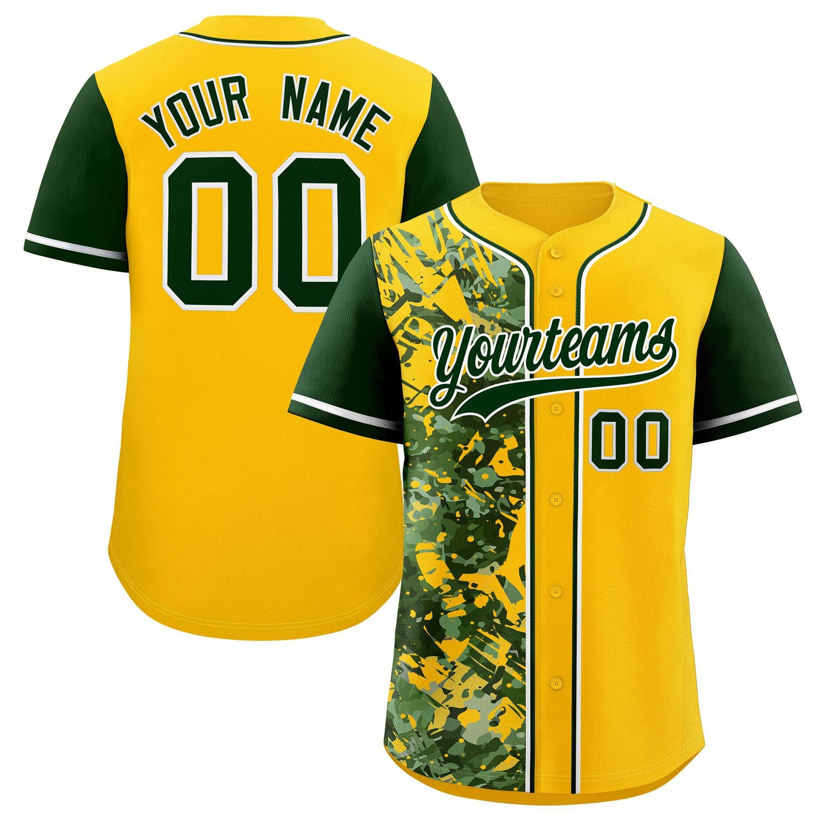 Custom Yellow Green Split Personalized Graffiti Raglan Sleeve Authentic Baseball Jersey