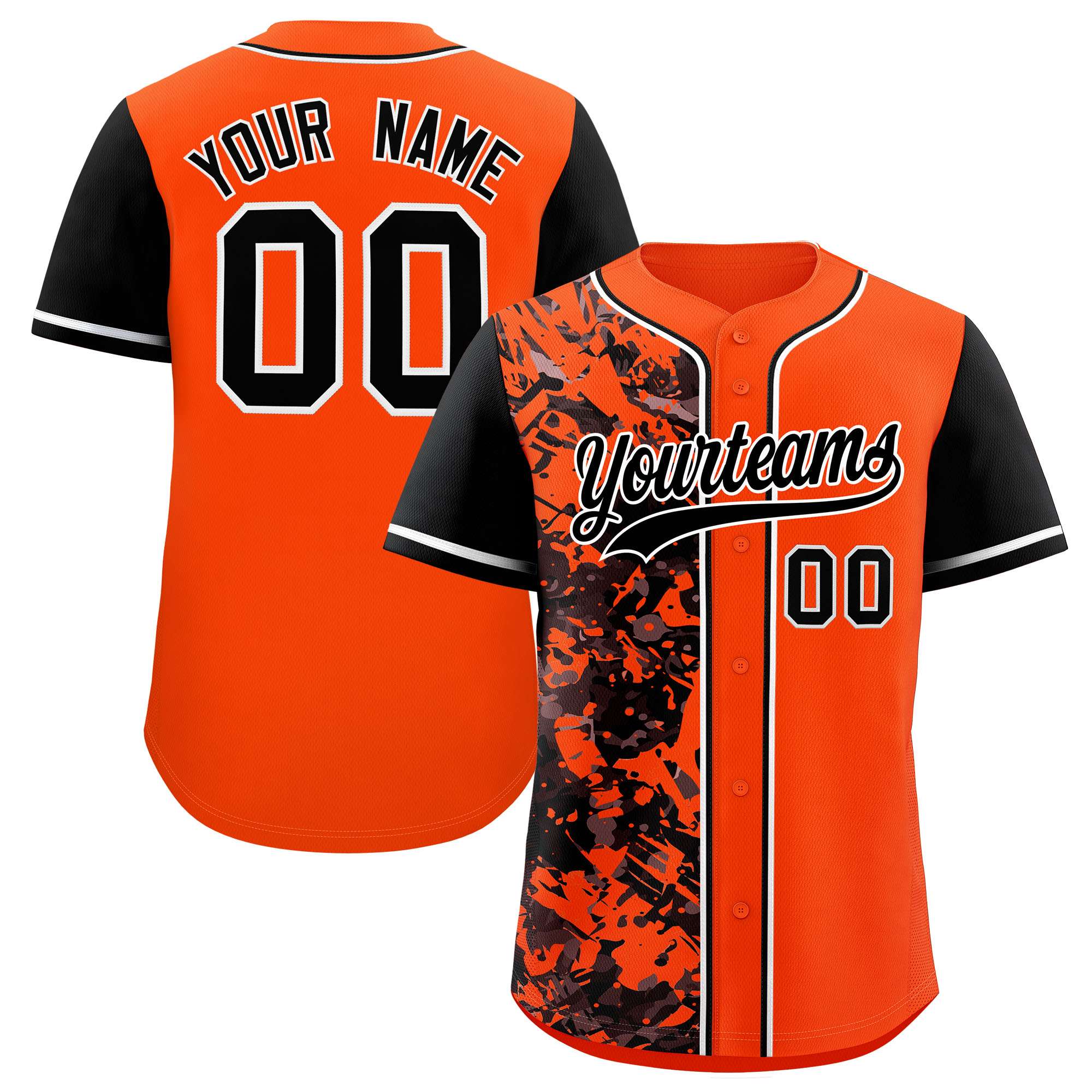 Custom Orange Black Split Personalized Graffiti Raglan Sleeve Authentic Baseball Jersey