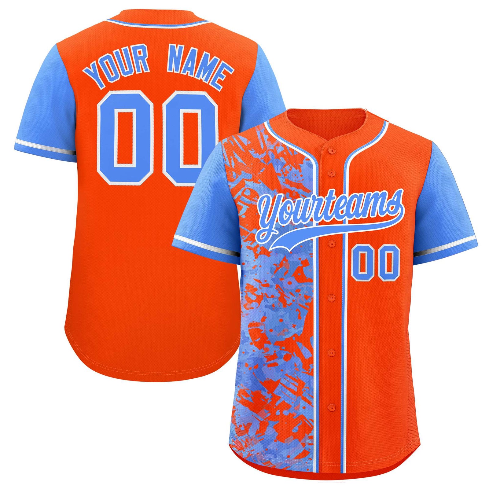 Custom Orange Powder Blue Split Personalized Graffiti Raglan Sleeve Authentic Baseball Jersey