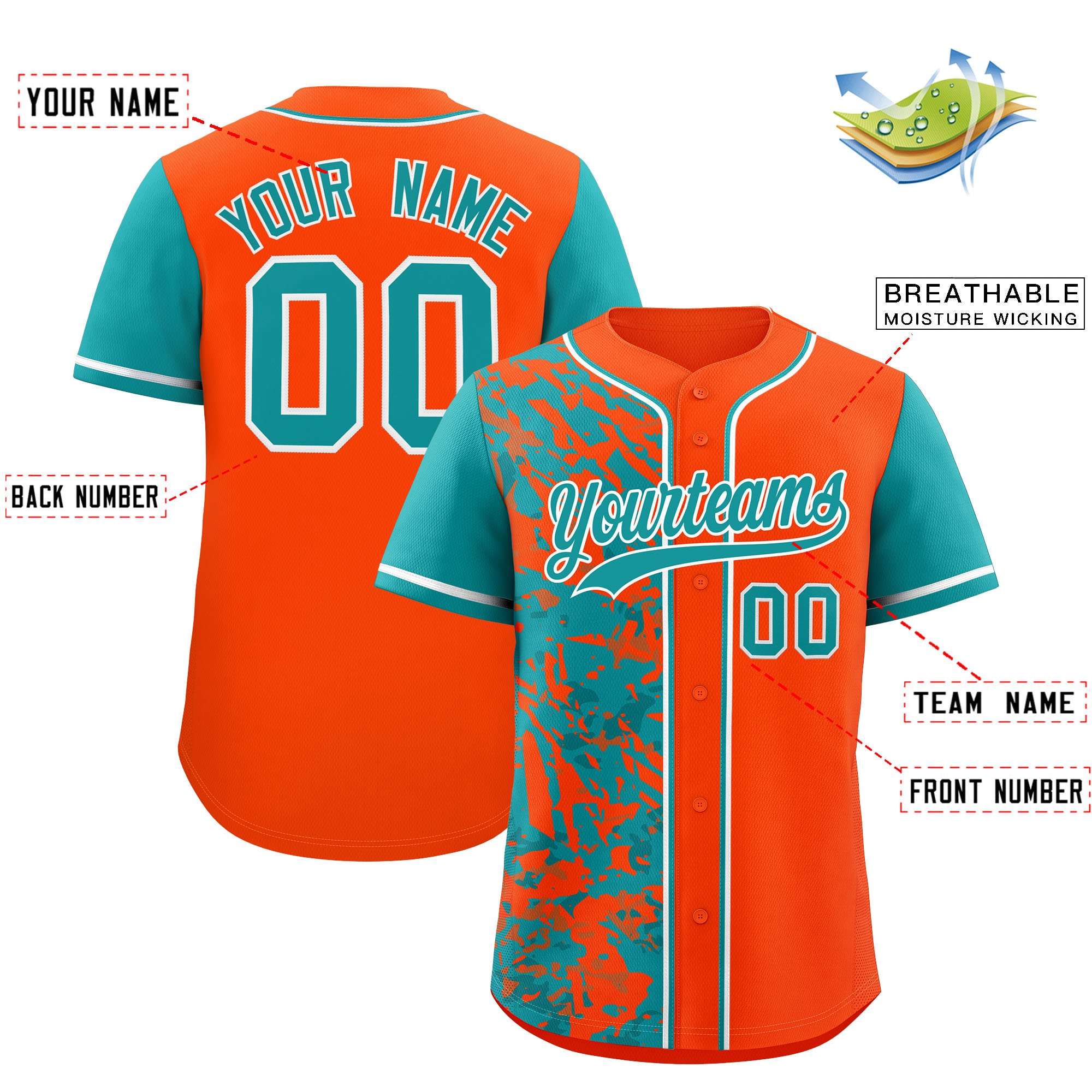 Custom Orange Aqua Split Personalized Graffiti Raglan Sleeve Authentic Baseball Jersey