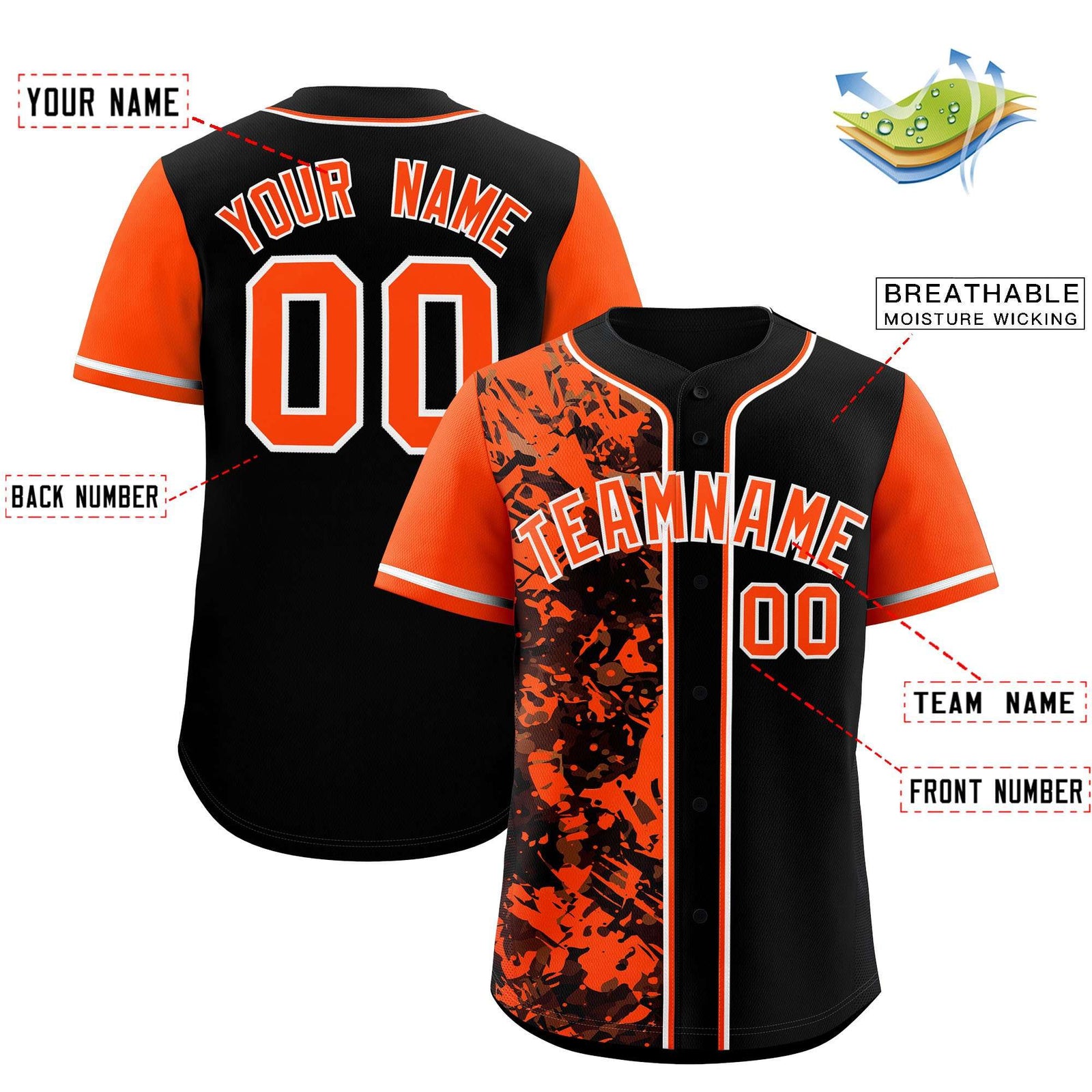 Custom Black Orange Split Personalized Graffiti Raglan Sleeve Authentic Baseball Jersey