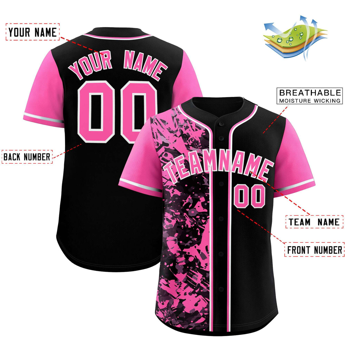 Custom Black Pink Split Personalized Graffiti Raglan Sleeve Authentic Baseball Jersey