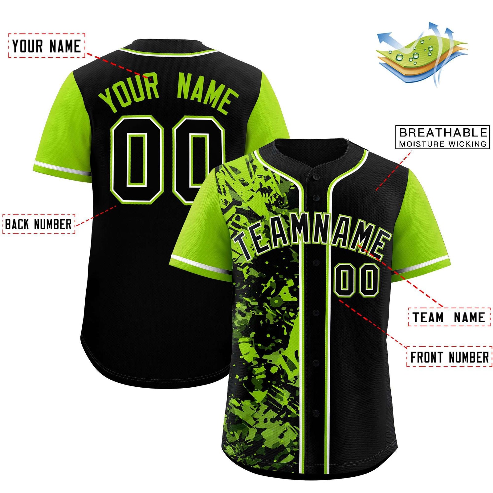 Custom Black Neon Green Split Personalized Graffiti Raglan Sleeve Authentic Baseball Jersey