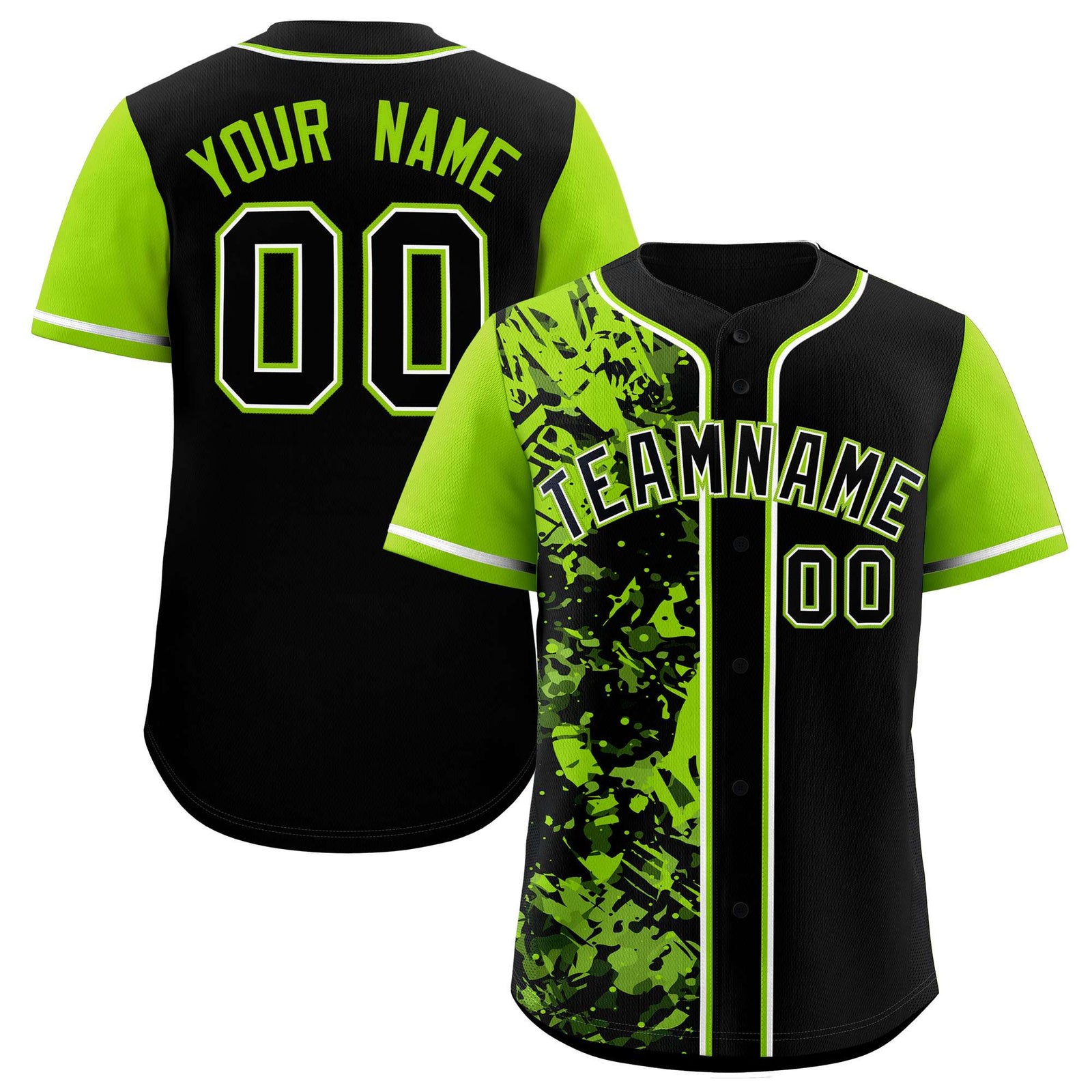 Custom Black Neon Green Split Personalized Graffiti Raglan Sleeve Authentic Baseball Jersey