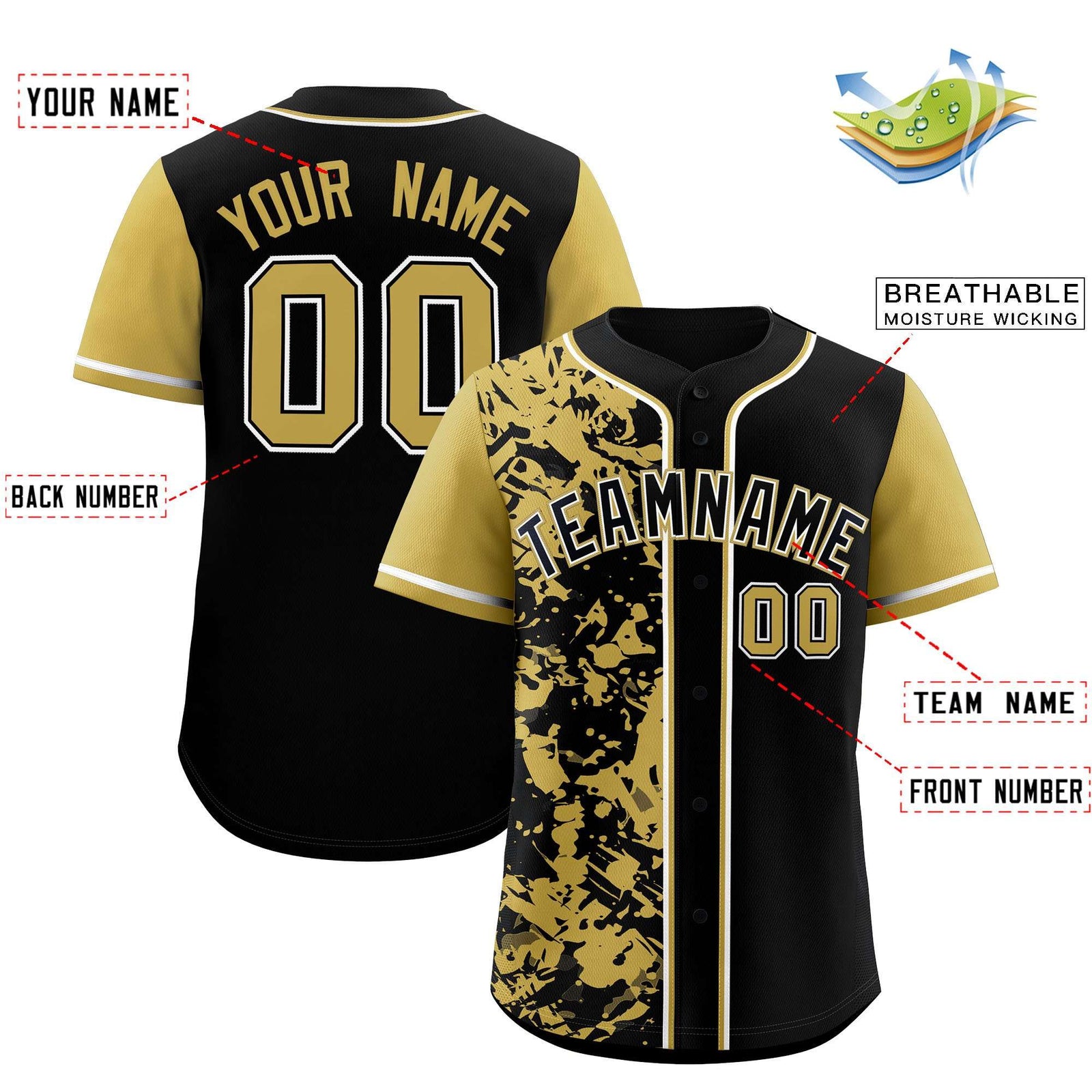 Custom Black Old Gold Split Personalized Graffiti Raglan Sleeve Authentic Baseball Jersey