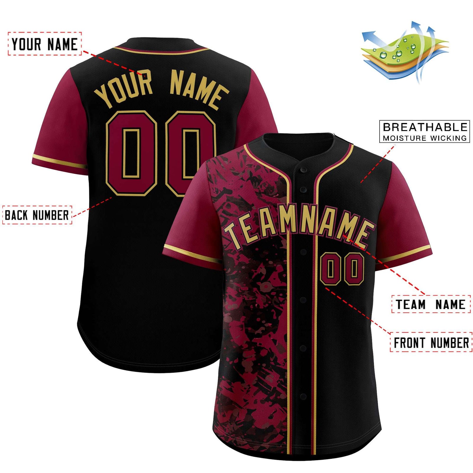 Custom Black Crimson Split Personalized Graffiti Raglan Sleeve Authentic Baseball Jersey
