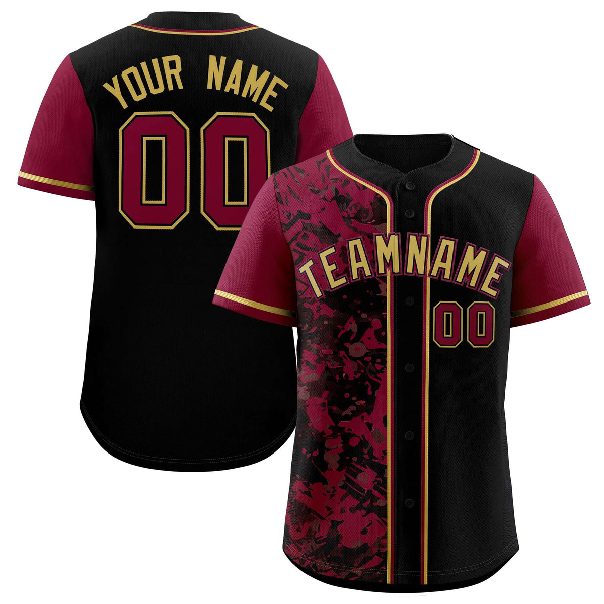 Custom Black Crimson Split Personalized Graffiti Raglan Sleeve Authentic Baseball Jersey