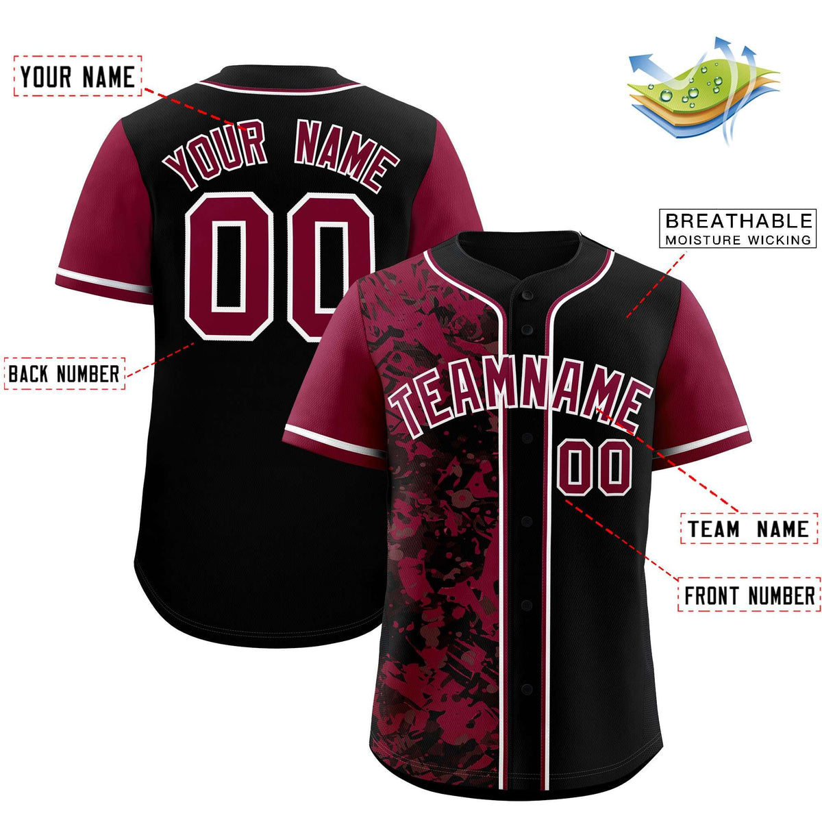 Custom Black Crimson Split Personalized Graffiti Raglan Sleeve Authentic Baseball Jersey