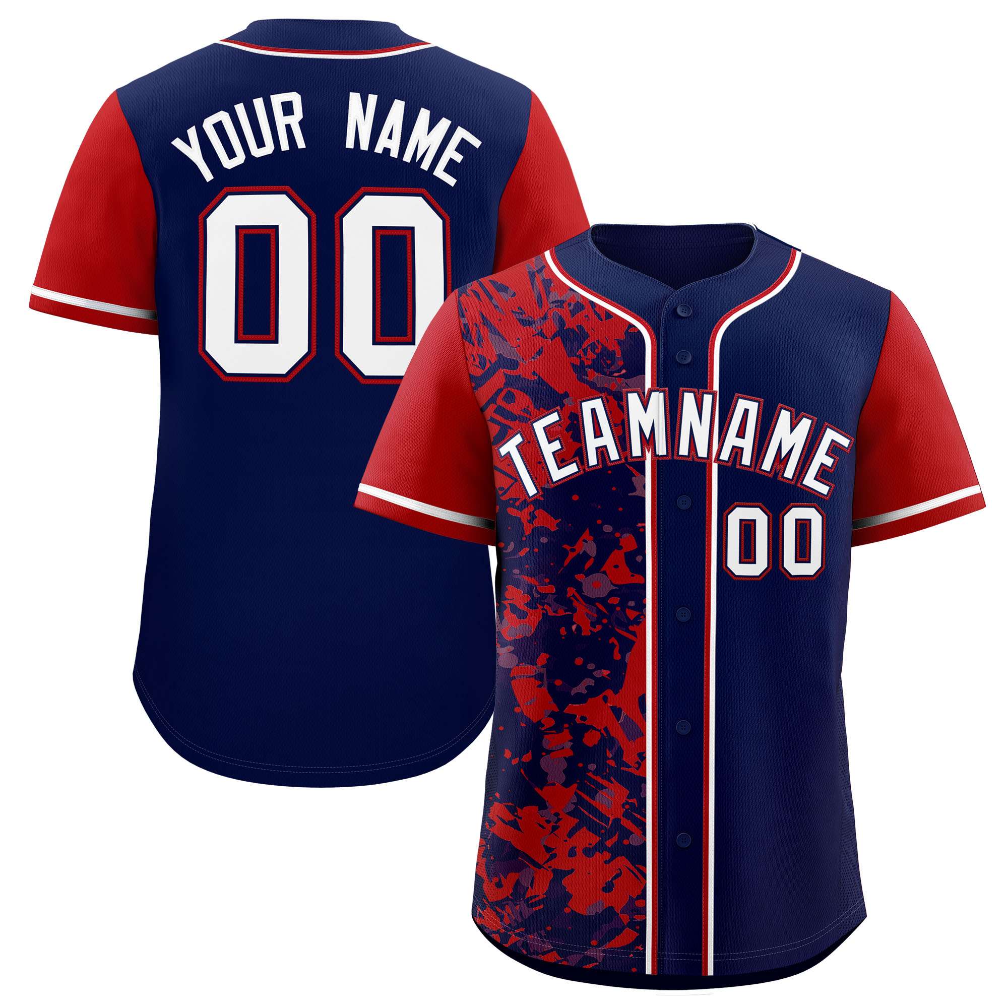 Custom Navy Red Split Personalized Graffiti Raglan Sleeve Authentic Baseball Jersey