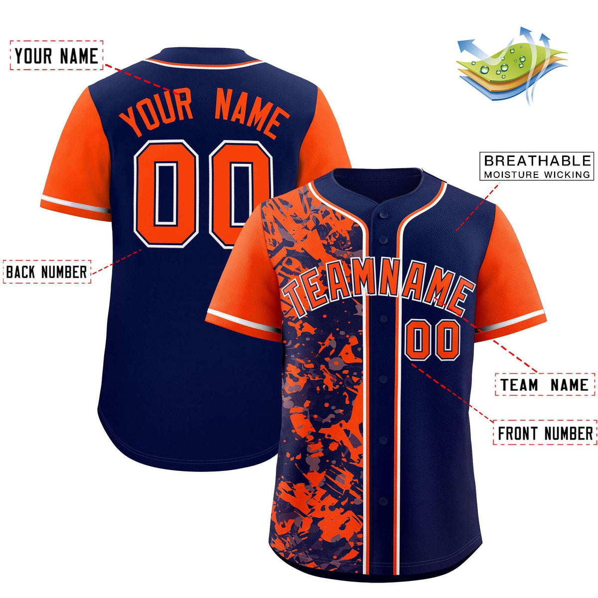 Custom Navy Orange Split Personalized Graffiti Raglan Sleeve Authentic Baseball Jersey