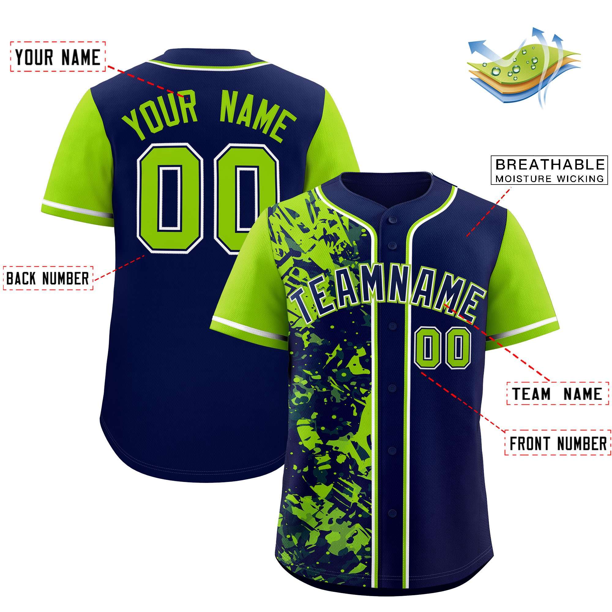 Custom Navy Neon Green Split Personalized Graffiti Raglan Sleeve Authentic Baseball Jersey