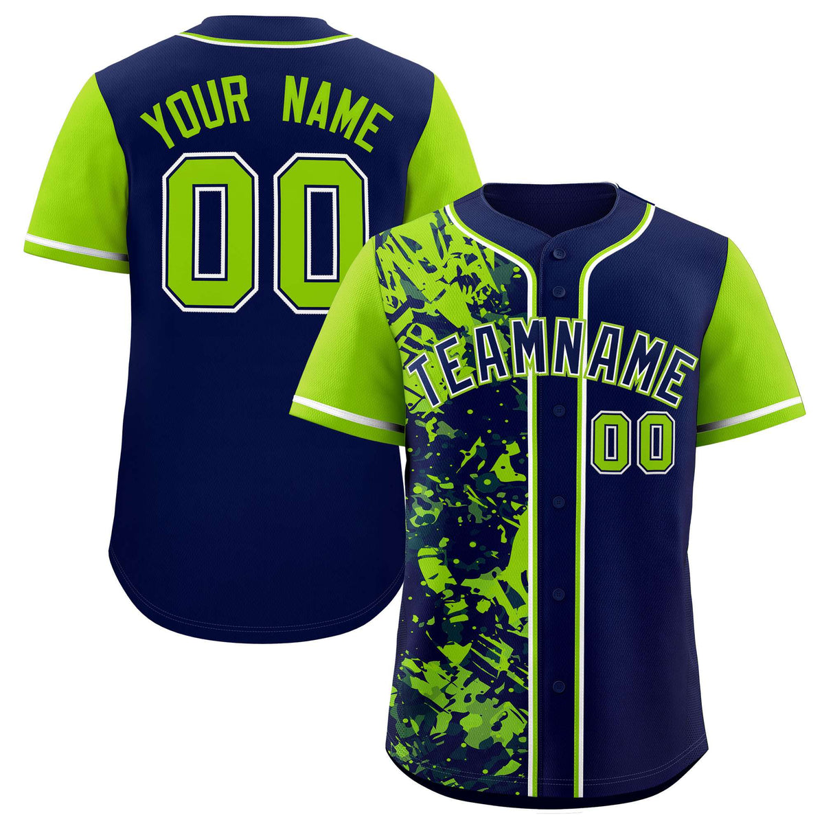 Custom Navy Neon Green Split Personalized Graffiti Raglan Sleeve Authentic Baseball Jersey