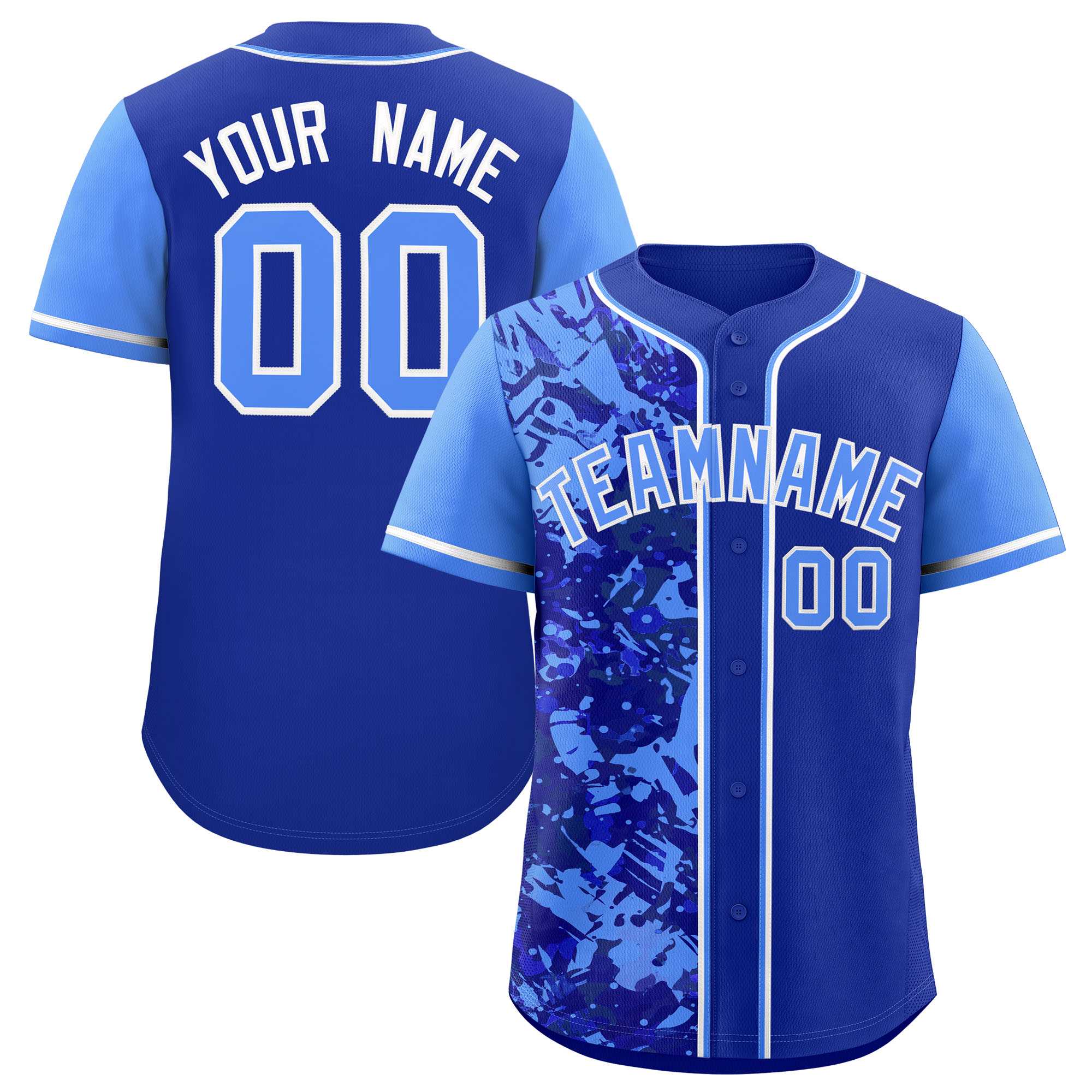Custom Royal Blue Split Personalized Graffiti Raglan Sleeve Authentic Baseball Jersey