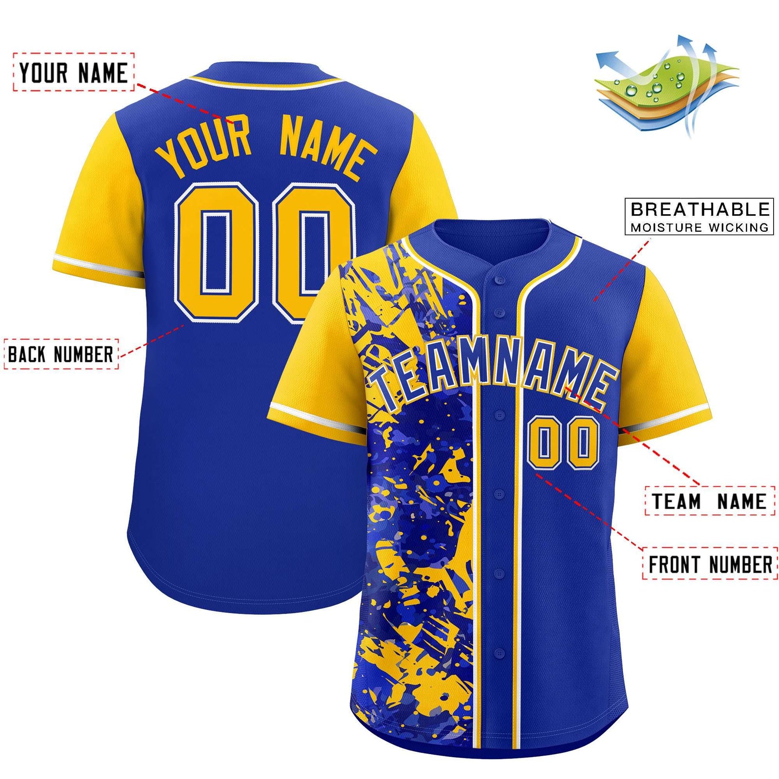 Custom Royal Yellow Split Personalized Graffiti Raglan Sleeve Authentic Baseball Jersey