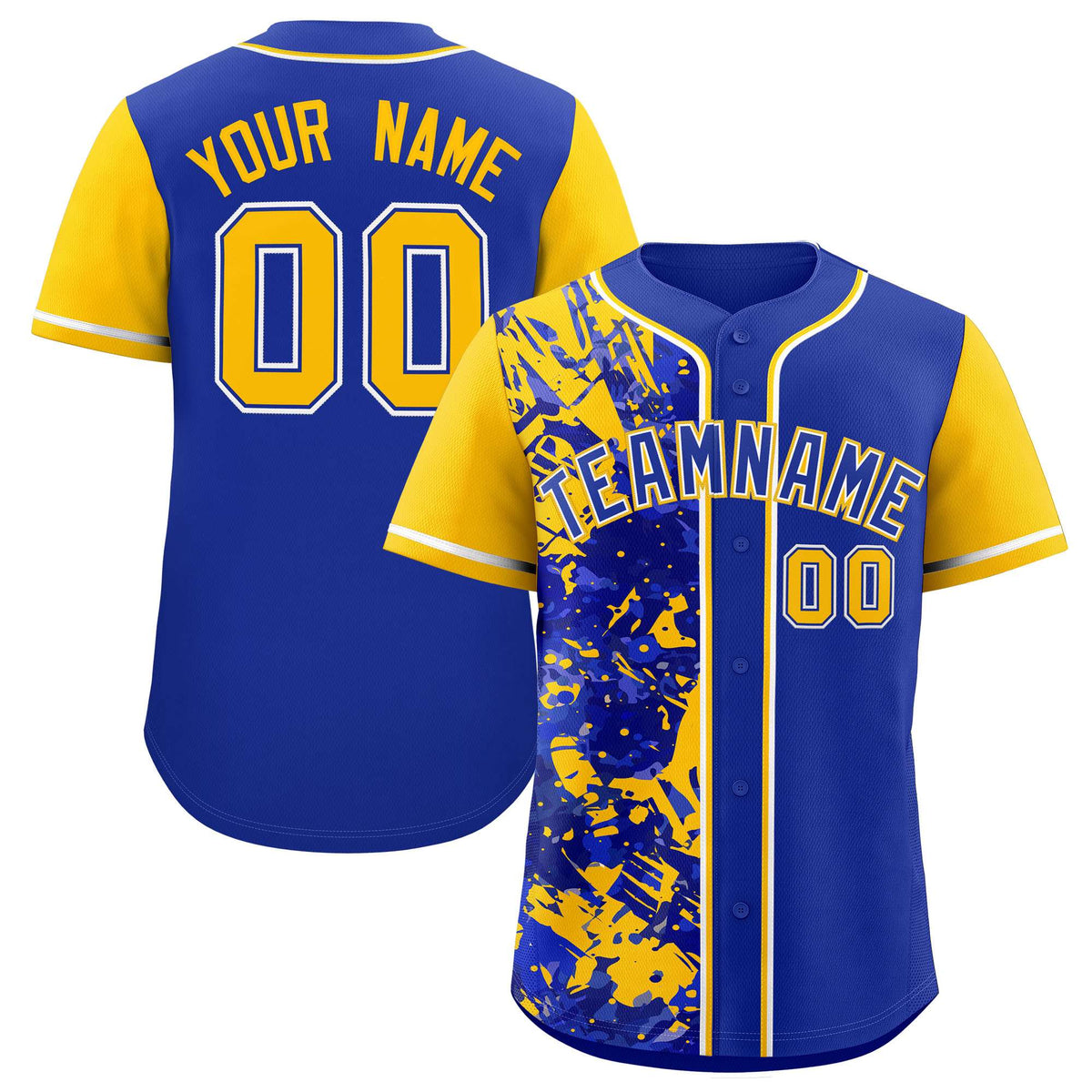 Custom Royal Yellow Split Personalized Graffiti Raglan Sleeve Authentic Baseball Jersey